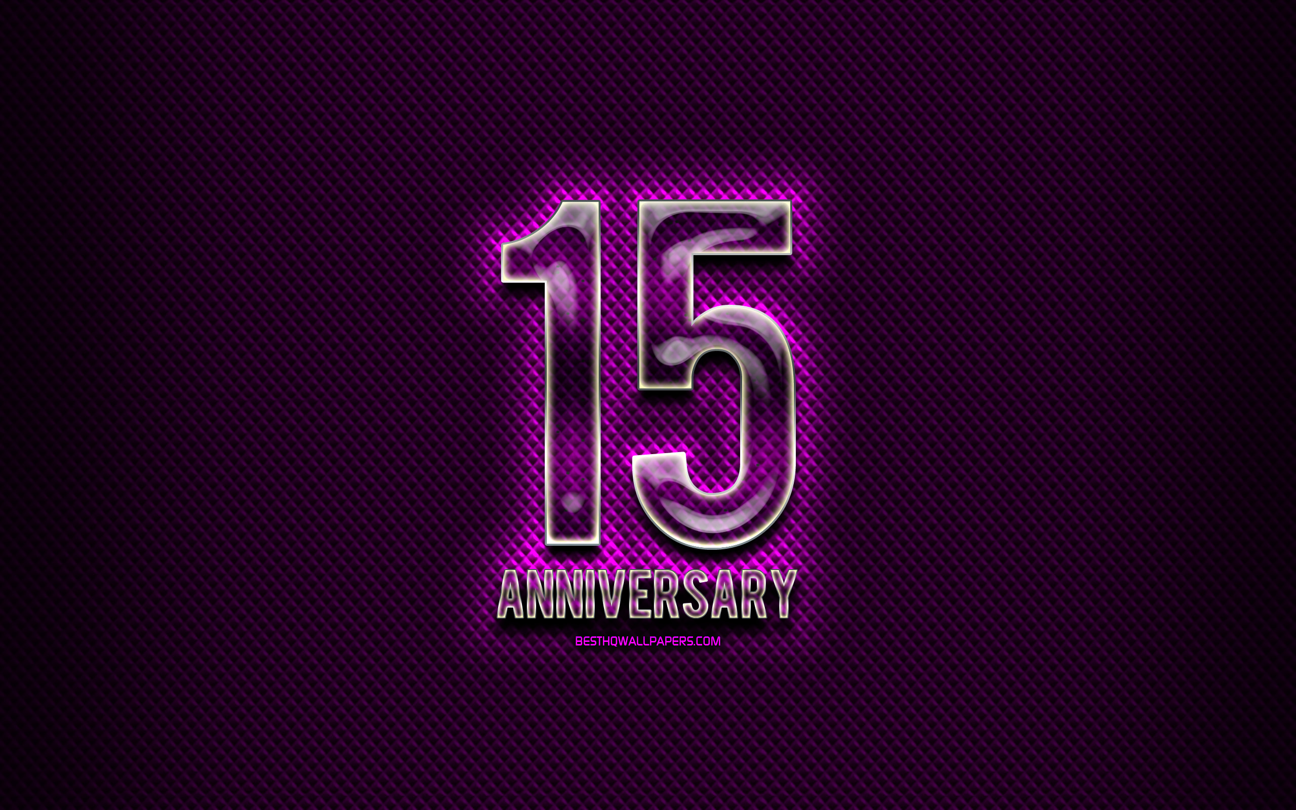 Download wallpaper 15th anniversary, glass signs, violet grunge background, 15 Years Anniversary, anniversary concepts, creative, Glass 15 anniversary sign for desktop with resolution 2560x1600. High Quality HD picture wallpaper