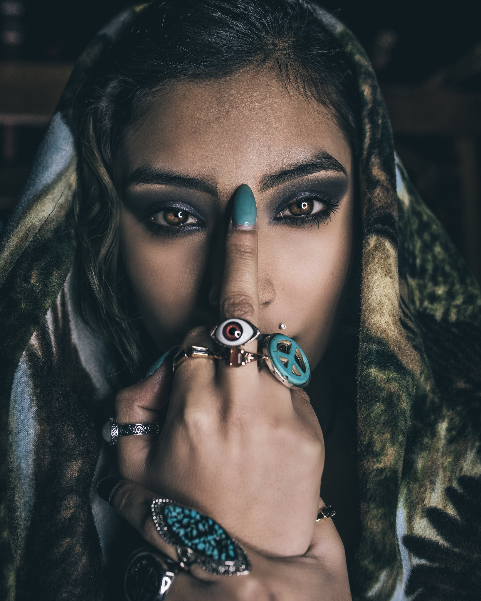 Wallpaper, fingers, face, rings, fantasy girl, women, model, makeup, Hector landeros, middle finger 1638x2048
