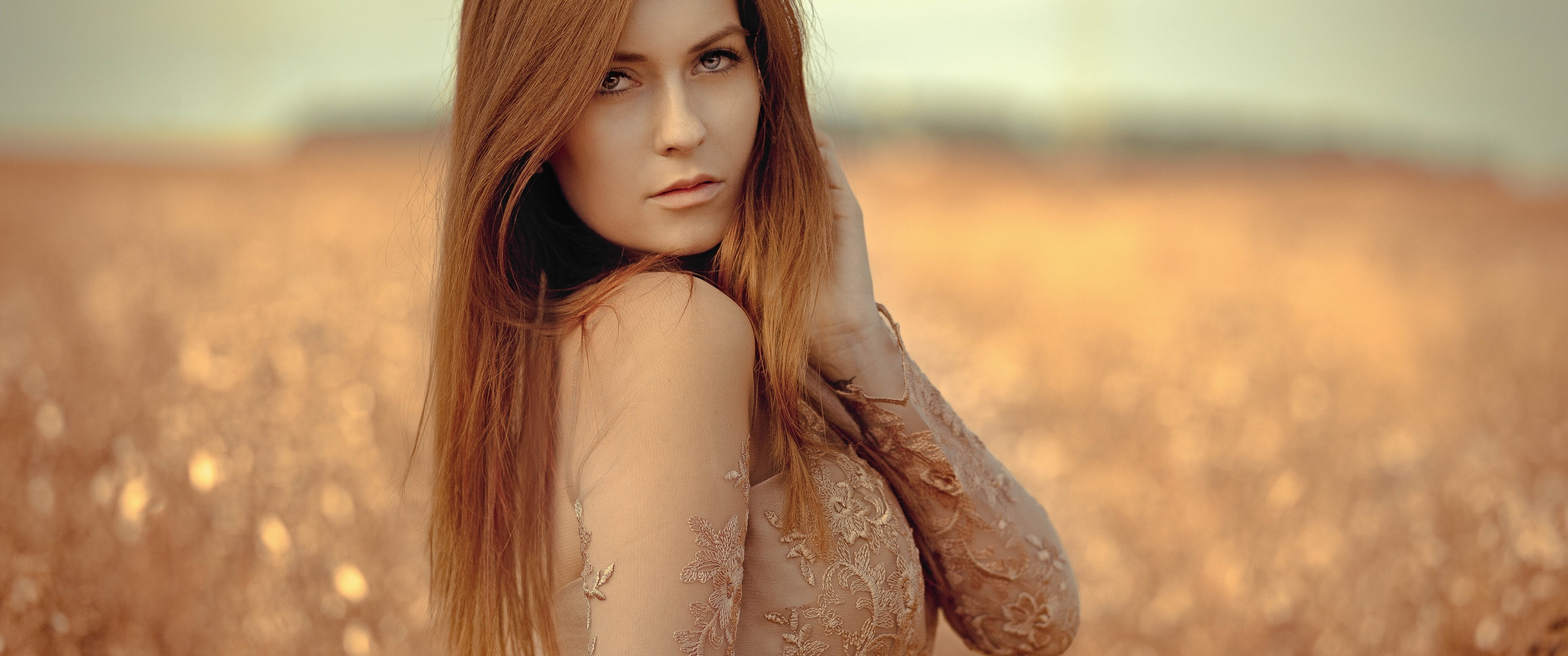 Download 3440x1440 Model, Women, Face Portrait, Dress, Auburn Hair Wallpaper