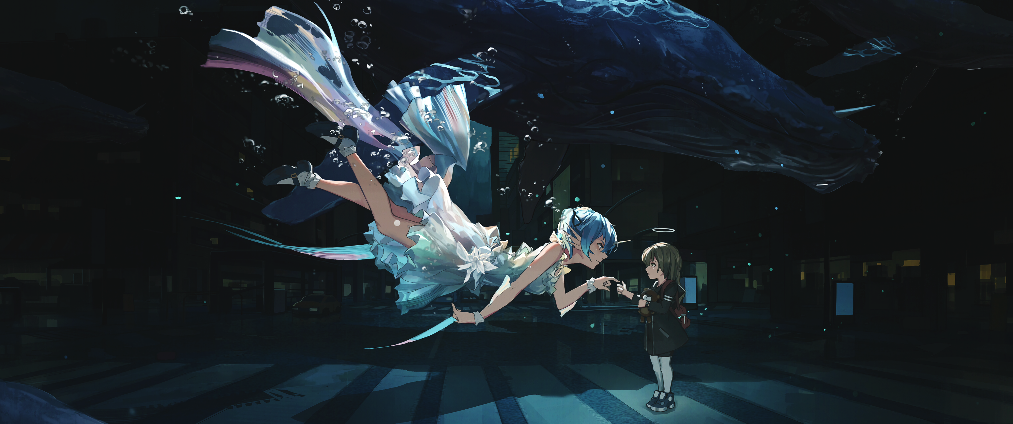 Wallpaper, ultrawide, city, anime girls, Hatsune Miku, underwater, dress, blue whale 3440x1440