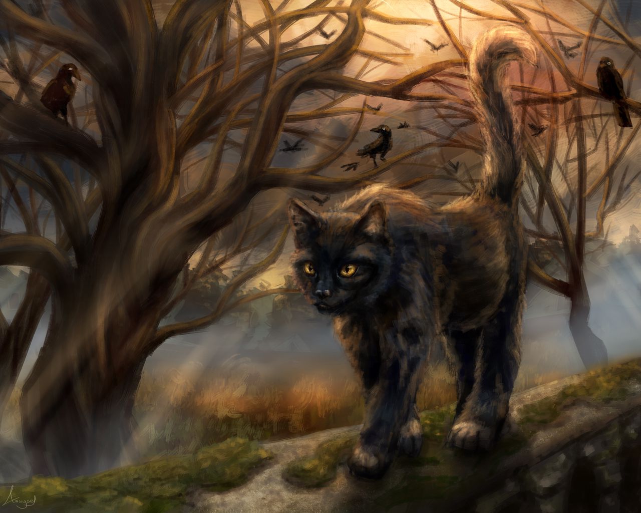 Download wallpaper 1280x1024 cat, fairy tale, pet, tree, art standard 5:4 HD background