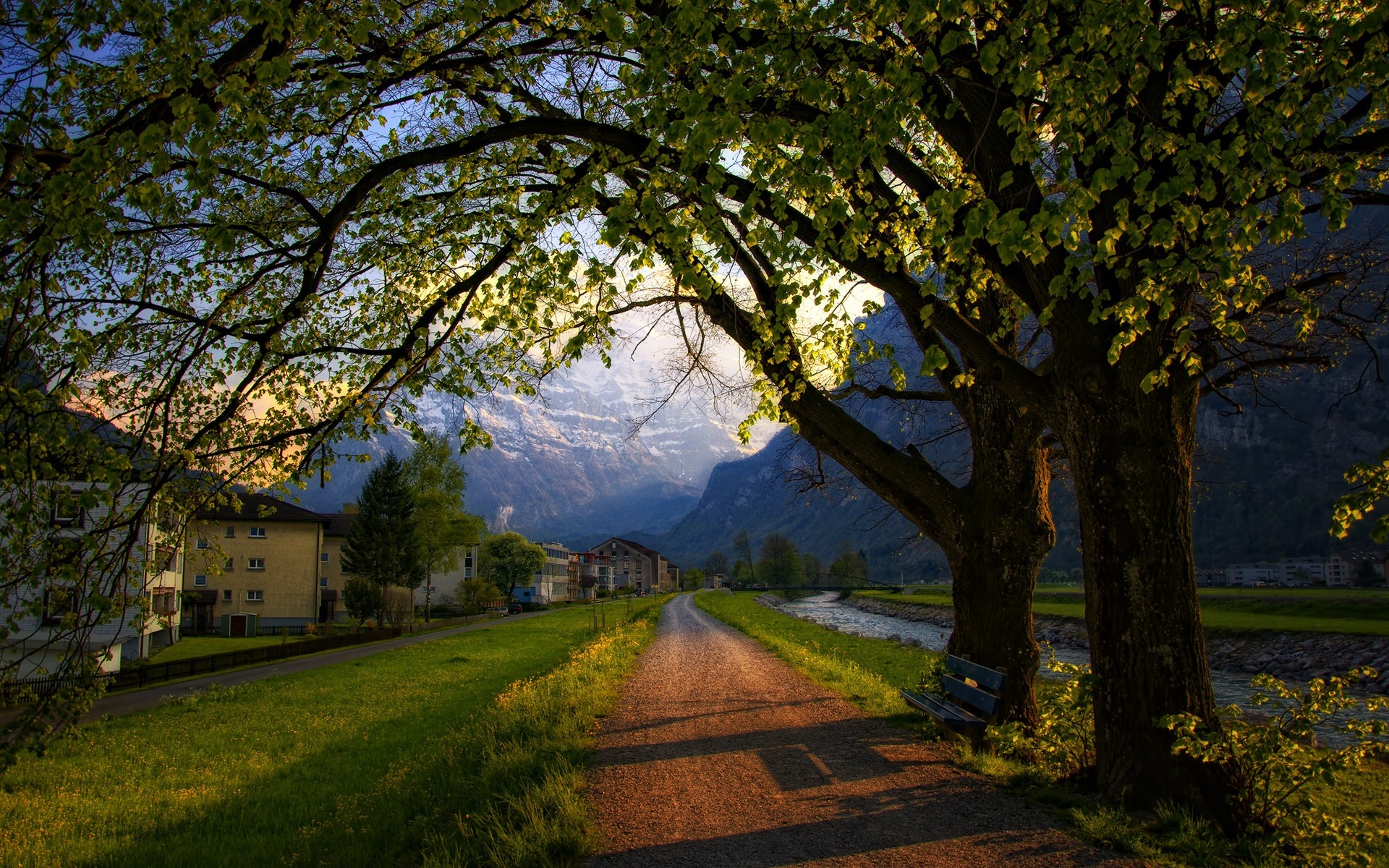 mountains landscapes trees photography grass houses path spring bench sunlight switzerland hdr photo