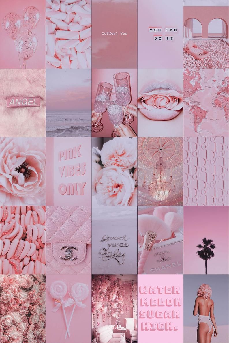 Pink Collage, Wall Decor Collage Pink, Pink Aesthetic Wall, Blush Pink Collage, Collage Dorm Pink, Collage Kit Digital, Boujee Wall Collage. Pink tumblr aesthetic, Pink wallpaper iphone, Wall collage decor