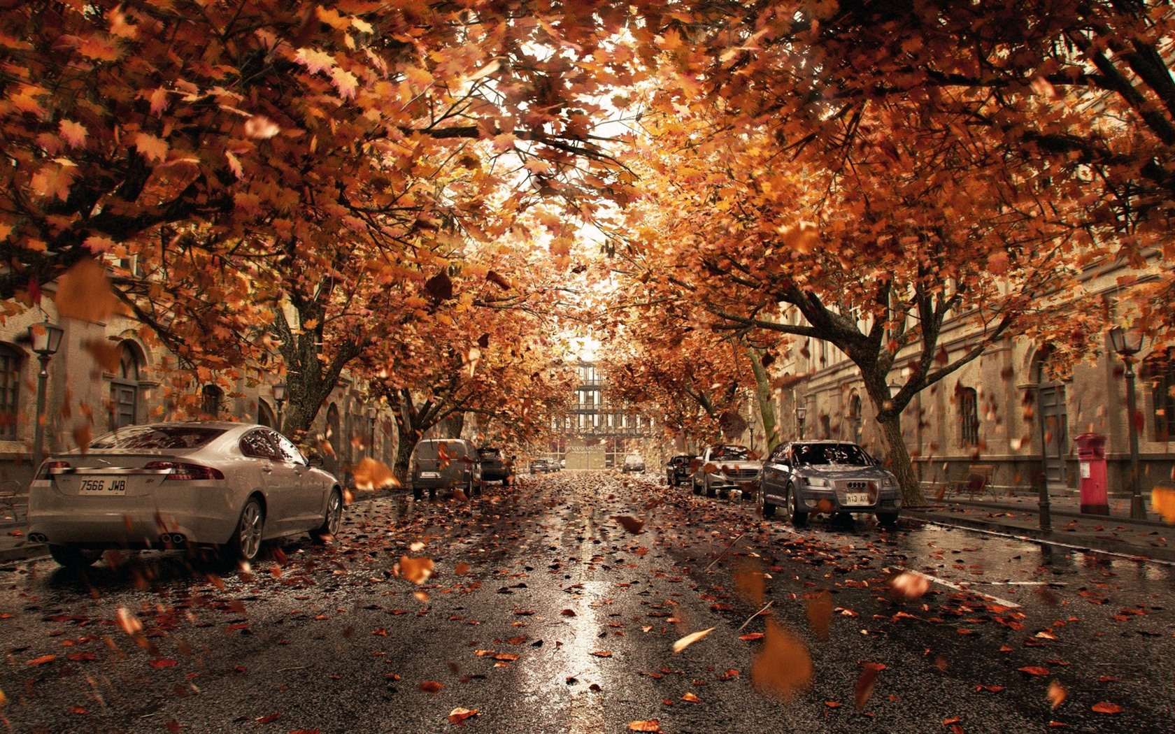 Wallpaper Cars, trees, road, city, leaves, autumn 1920x1080 Full HD 2K Picture, Image