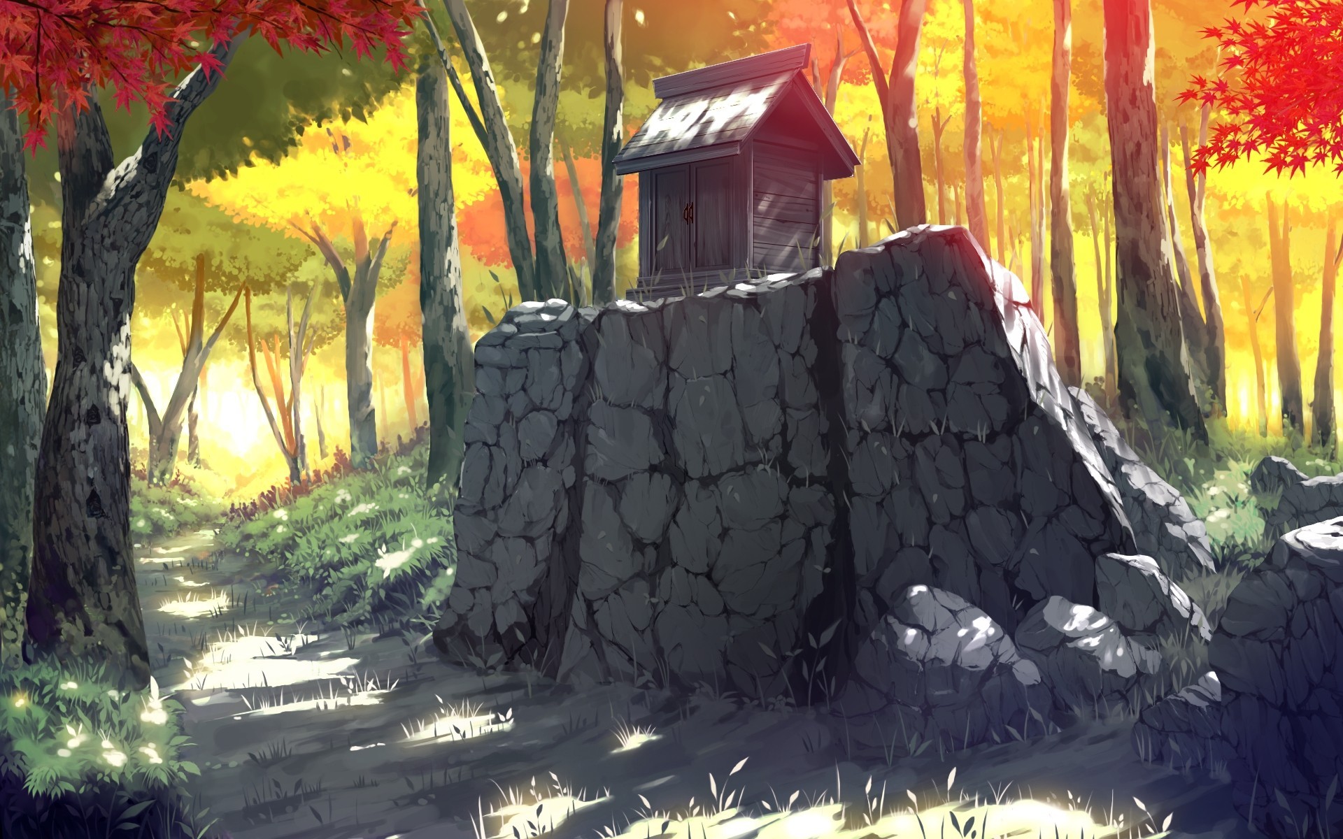 Wallpaper, landscape, drawing, forest, fall, fantasy art, city, architecture, anime, road, artwork, jungle, tree, autumn, season, screenshot, habitat, natural environment 1920x1200