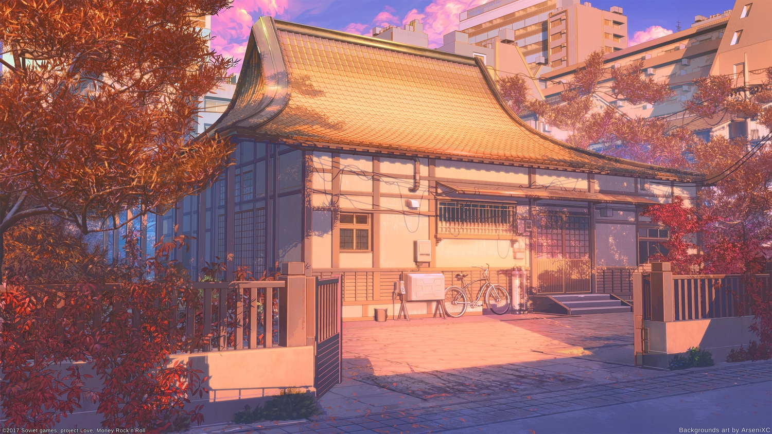 arsenixc autumn bicycle building city clouds landscape leaves love money rock'n'roll nobody petals realistic scenic sky sunset tree watermark. konachan.com.com Anime Wallpaper