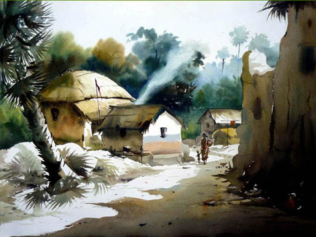 Bangladesh Village Scenery Painting Village Watercolor Painting