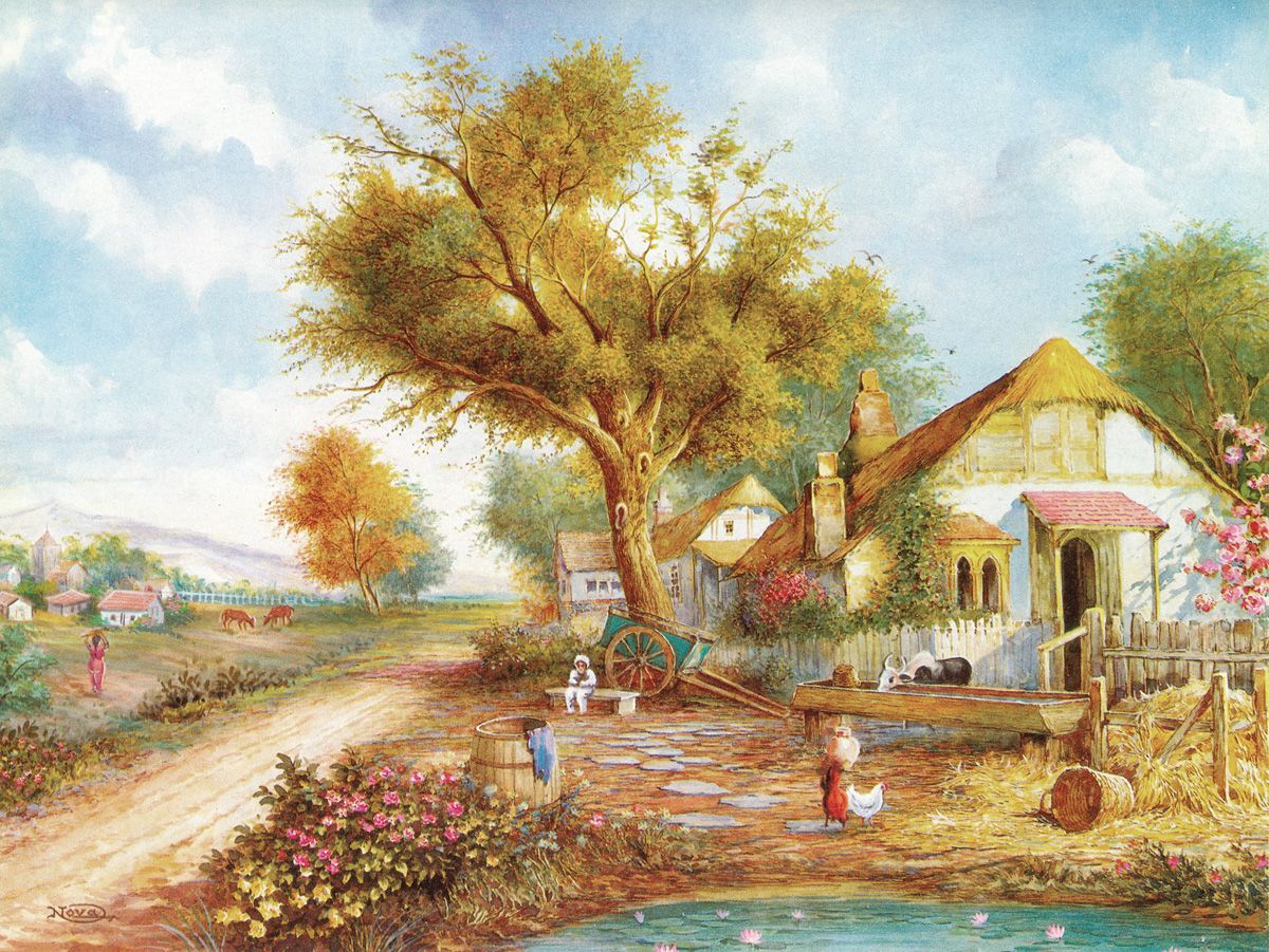 Village Scene. Landscape paintings, Art village, Indian village