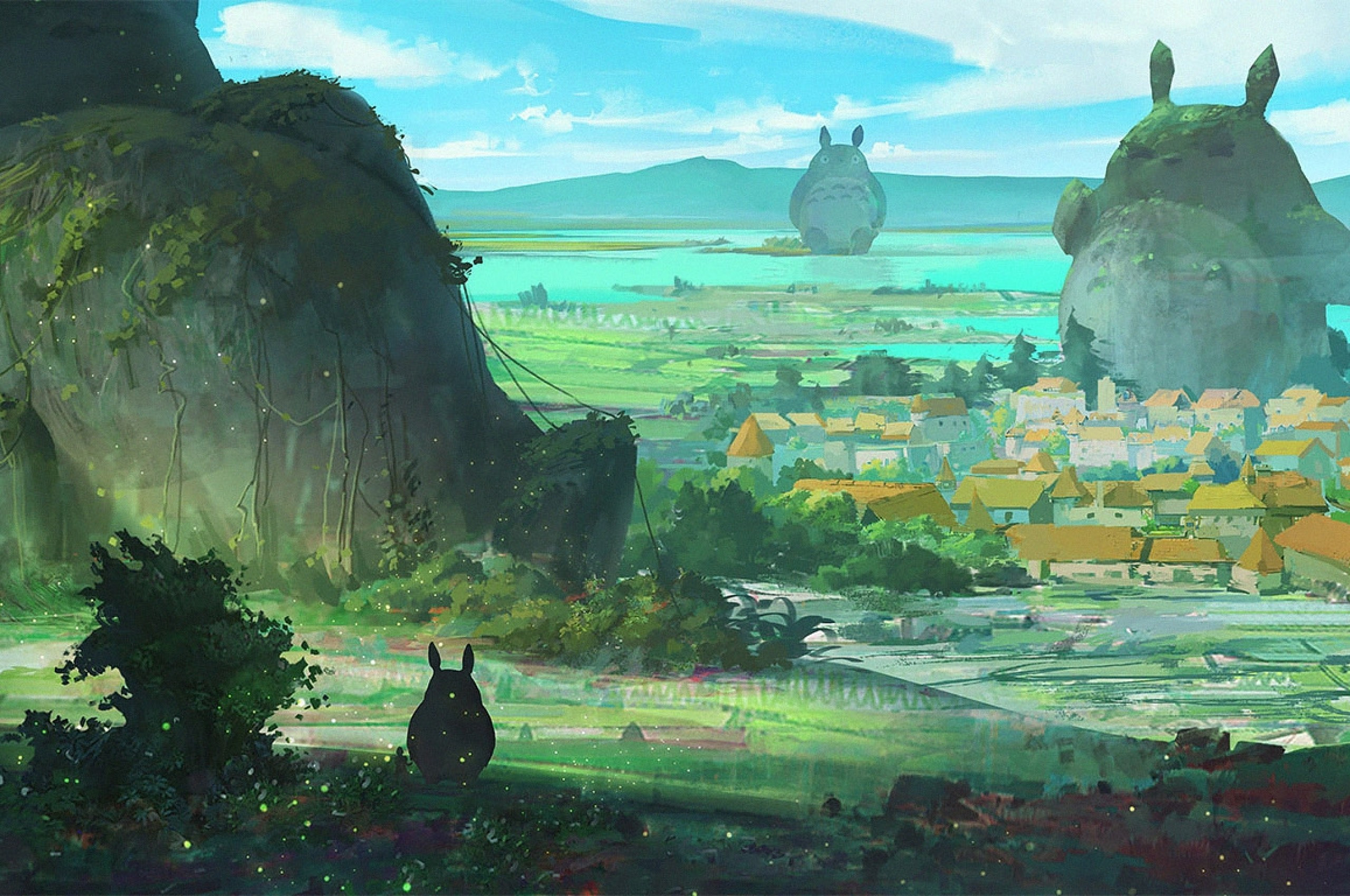 Download 2560x1700 Totoro, Village, Painting, Mountain, Statue Wallpaper for Chromebook Pixel