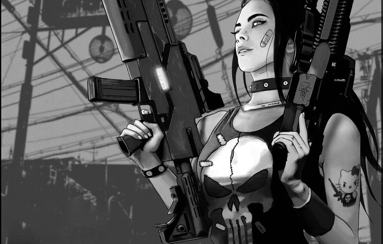 Wallpaper Figure, Skull, Style, Girl, Weapons, Fantasy, Art, Punisher, Style, Marvel Comics, The Punisher, Cyber, Science Fiction, The Punisher, Black and white, Kylo image for desktop, section арт