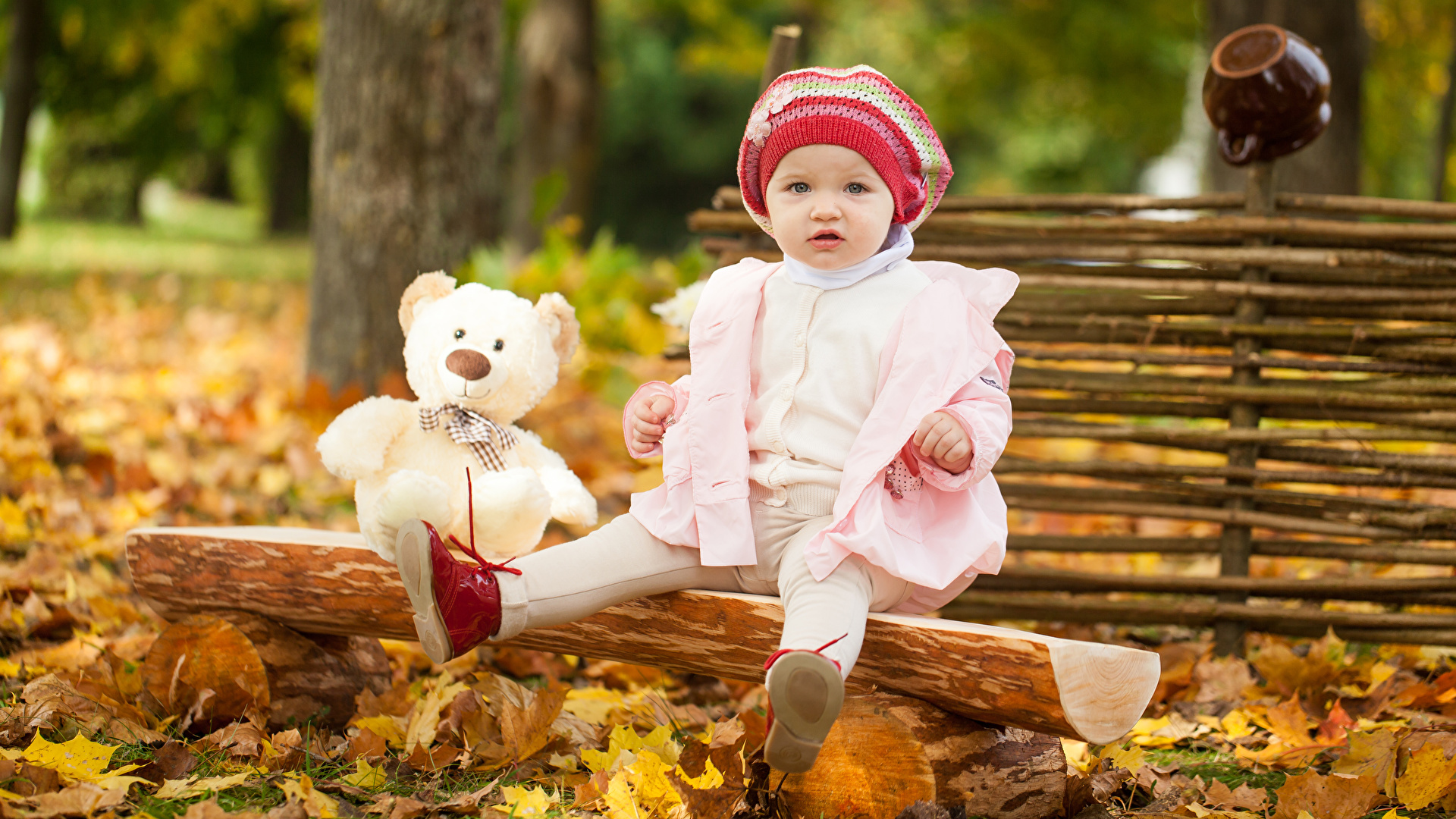 Wallpaper Little girls Children Autumn Winter hat Teddy 1920x1080