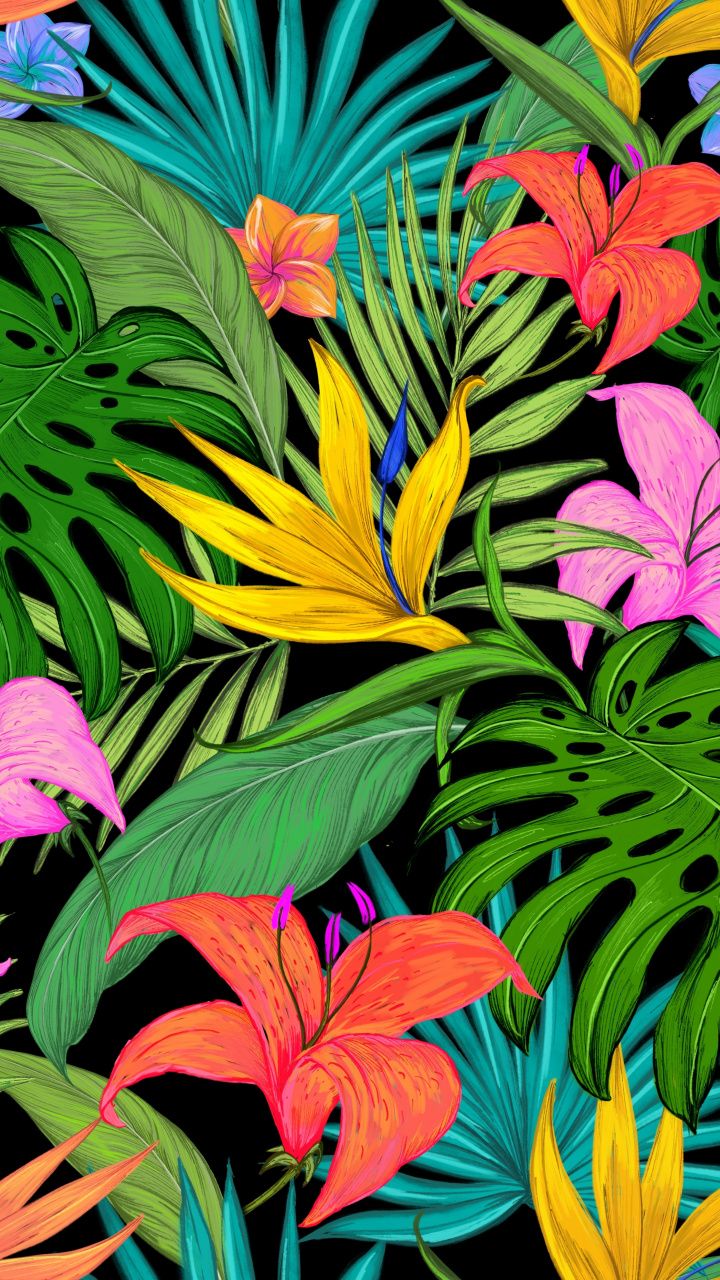 Pattern, tropical, flowers, leaves, 720x1280 wallpaper. iPhone wallpaper tropical, Flower art painting, Tropical wallpaper