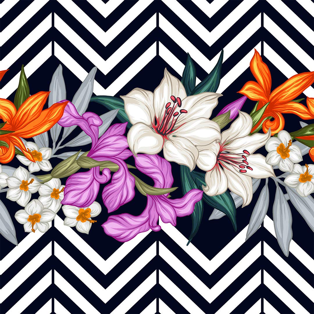 Colorful Flowers Green Wallpaper, Black and White Background Print Painting, Home Decor, Removable Peel and Stick Wallpaper, Office Wallpaper, Living room Wallpaper I Custom Size, Handmade Products