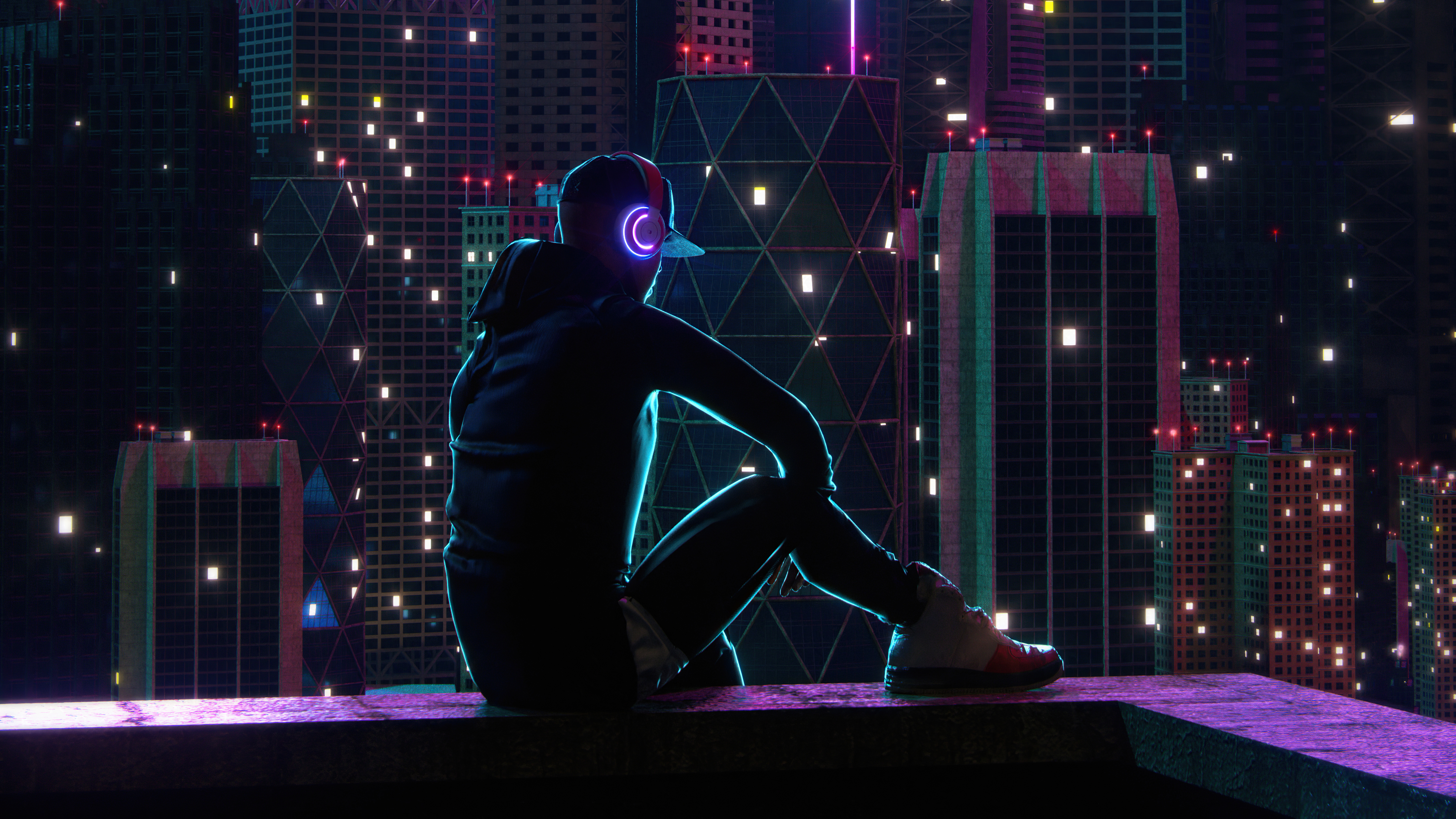 Boy Sitting On Rooftop Neon Lights 5k, HD Artist, 4k Wallpaper, Image, Background, Photo and Picture