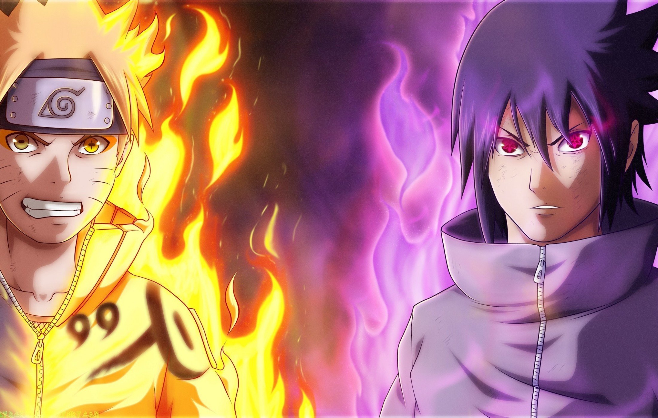 Download 2200x1399 Naruto, Uzumaki Naruto, Uchiha Sasuke, Sharingan, Sage Mode, Nine Tail, Susanoo Wallpaper