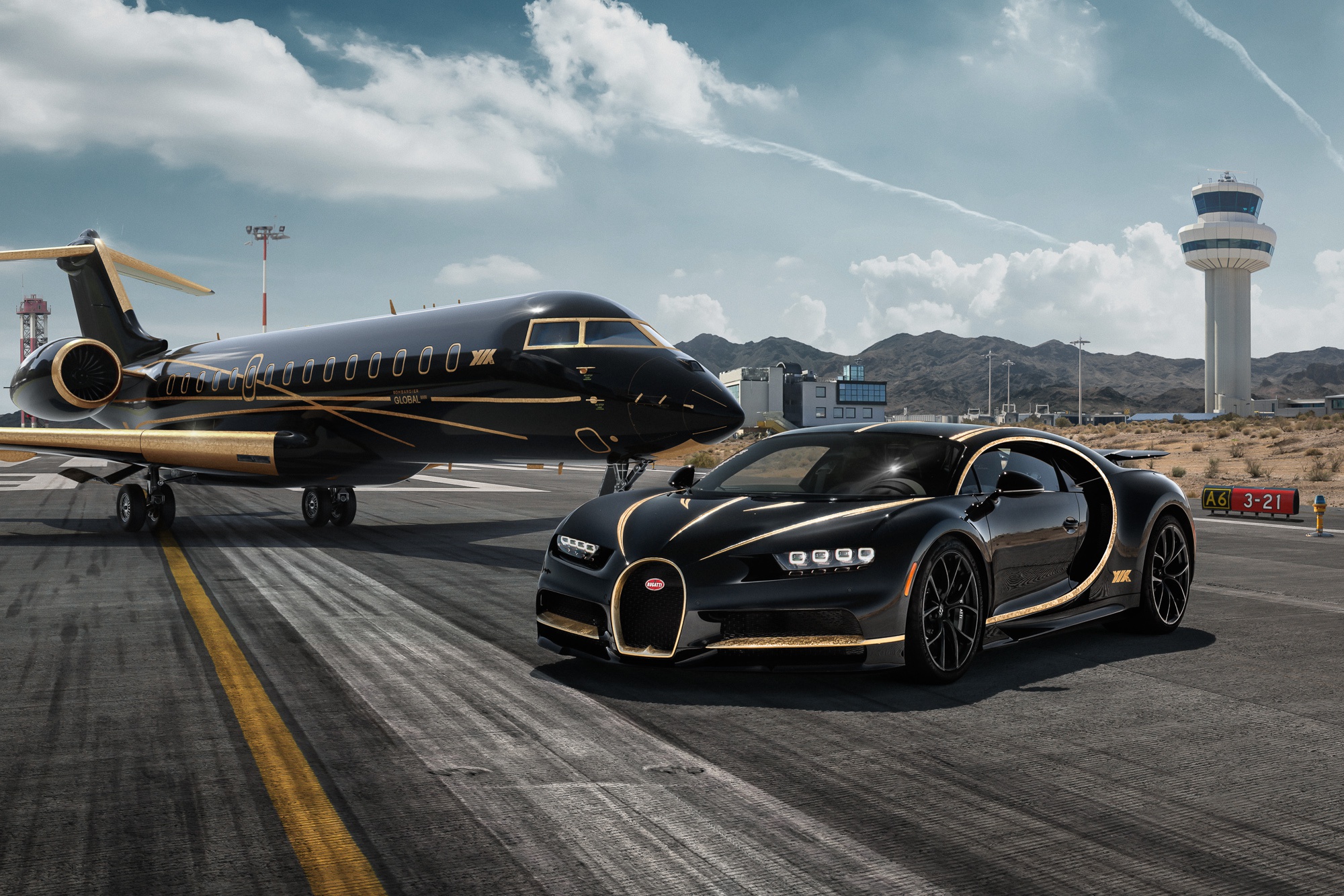 Download Wallpaper airport bugatti chiron supercar aircraft private jet golden and black, 2000x1333
