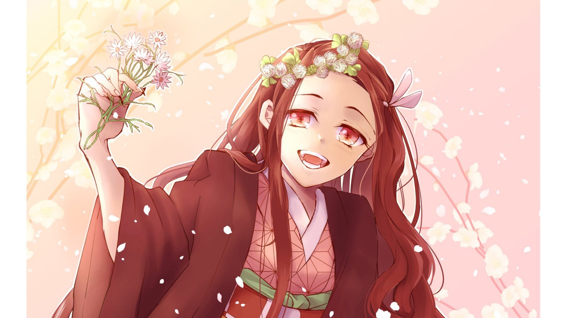 Demon Slayer Nezuko Kamado Having Flowers On Head And On Hand With Background Of Pink And Light Yellow HD Anime Wallpaper