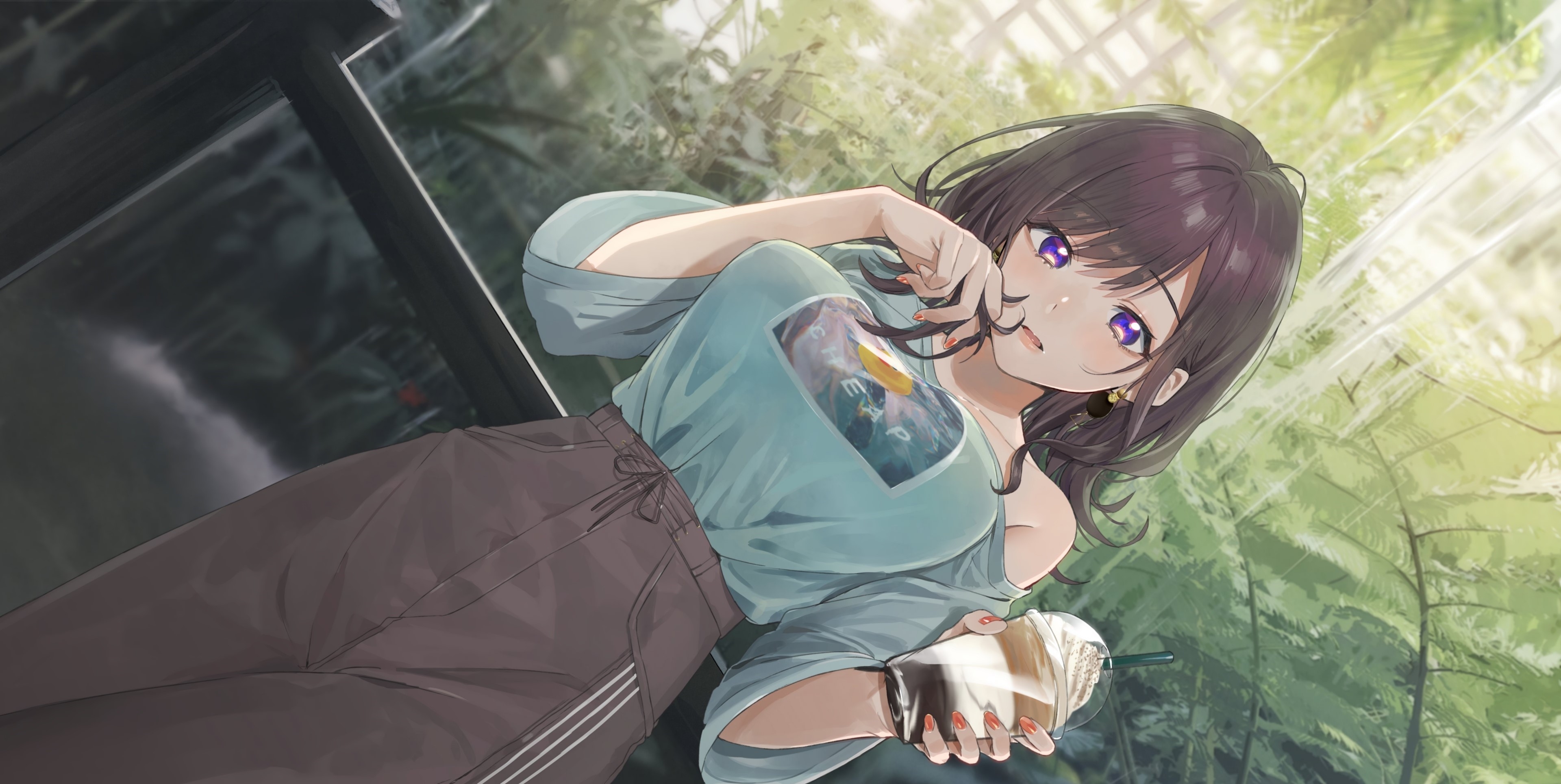Download 3840x1929 Beautiful Anime Girl, Coffee, Summer, Short Brown Hair Wallpaper