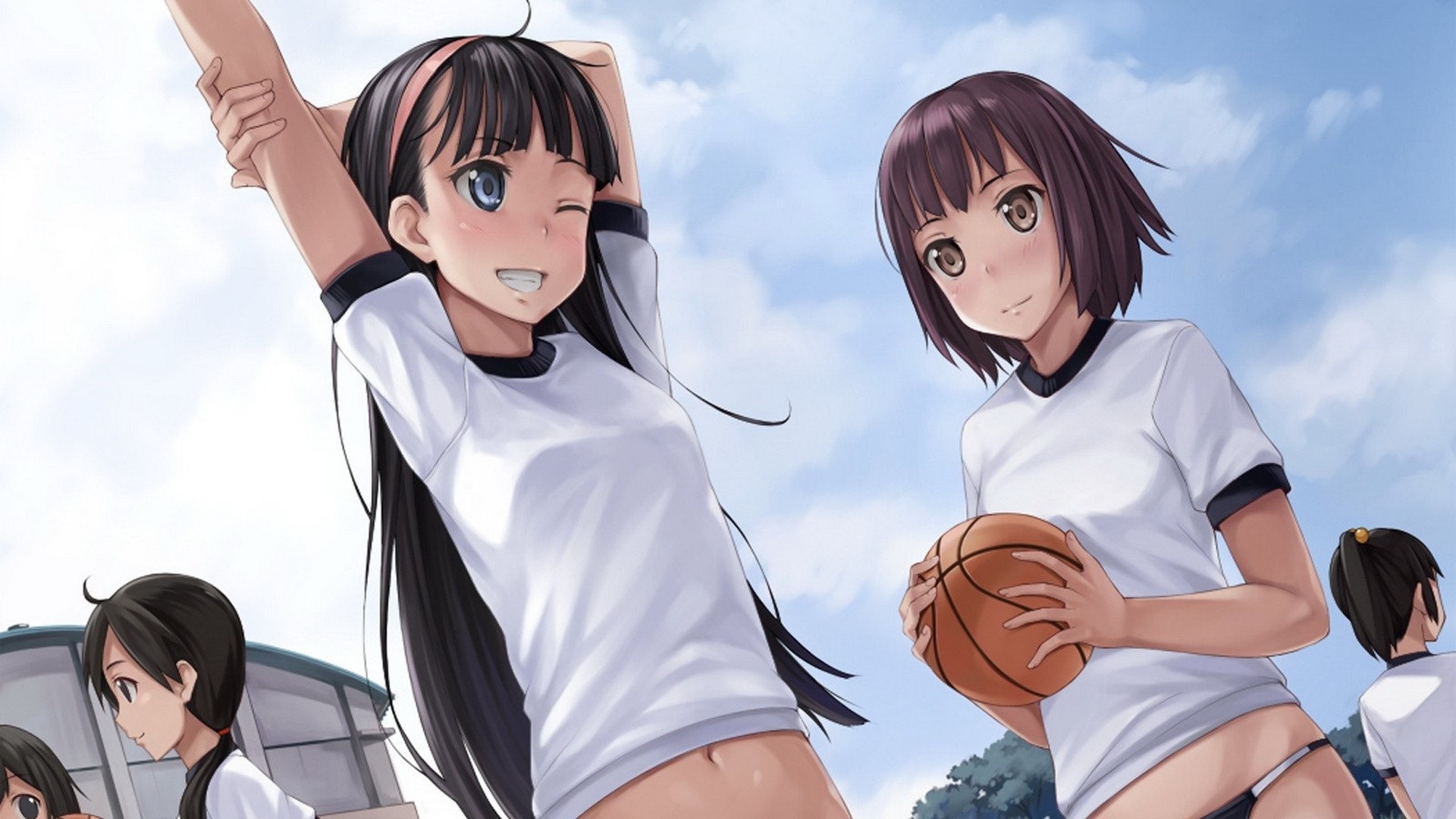 Download Wallpaper, Download brunettes blue eyes long hair school outdoors brown eyes short hair gym uniform anime skyscapes anim Wallpaper –Free Wallpaper Download
