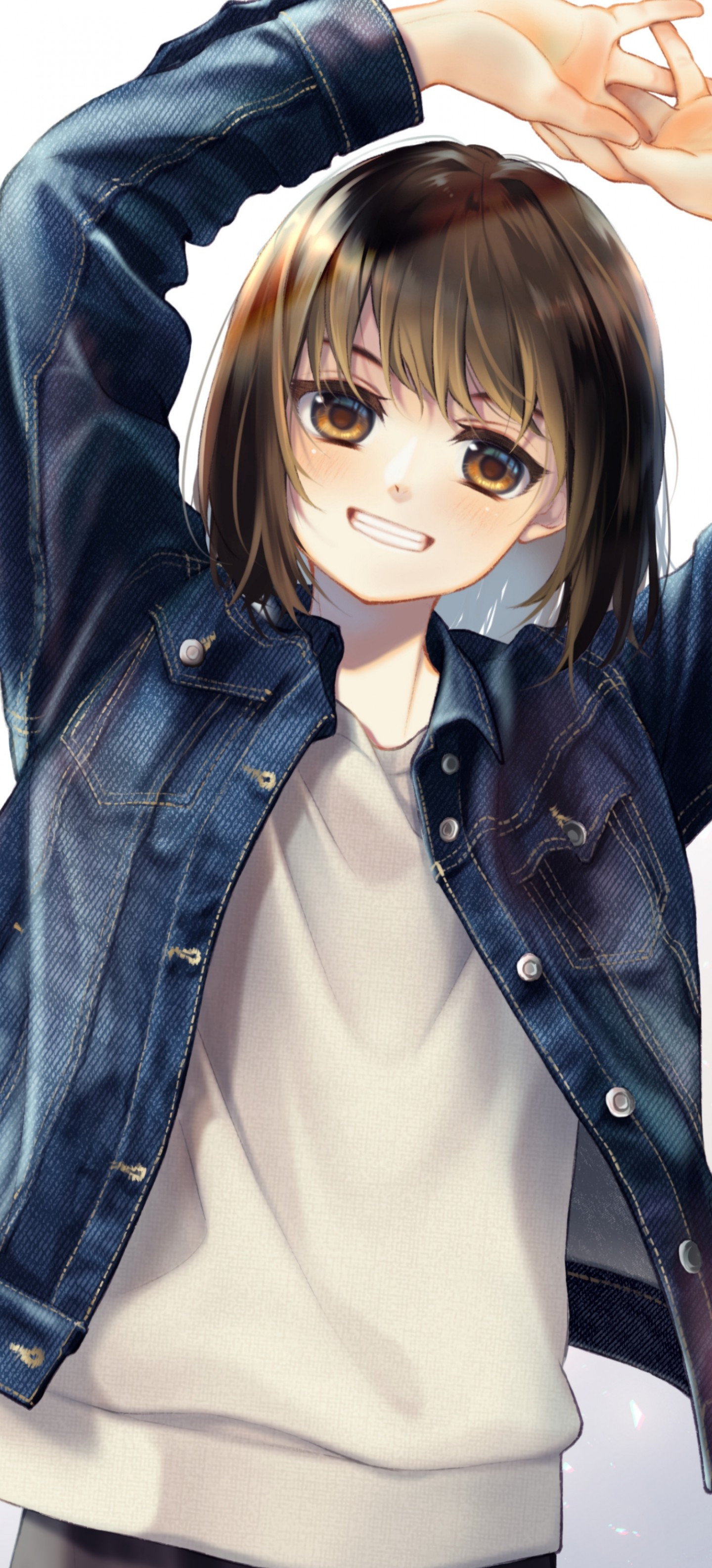 Download 1440x3168 Cute Anime Girl, Short Brown Hair, Big Smile, Jacket Wallpaper for OnePlus 8 Pro, Oppo Find X2