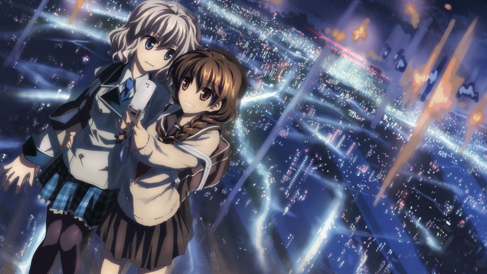 Wallpaper / white hair, brown hair, anime girls, bff, sky, lights, cute, short hair, city, cool, anime, sample, girls, night free download