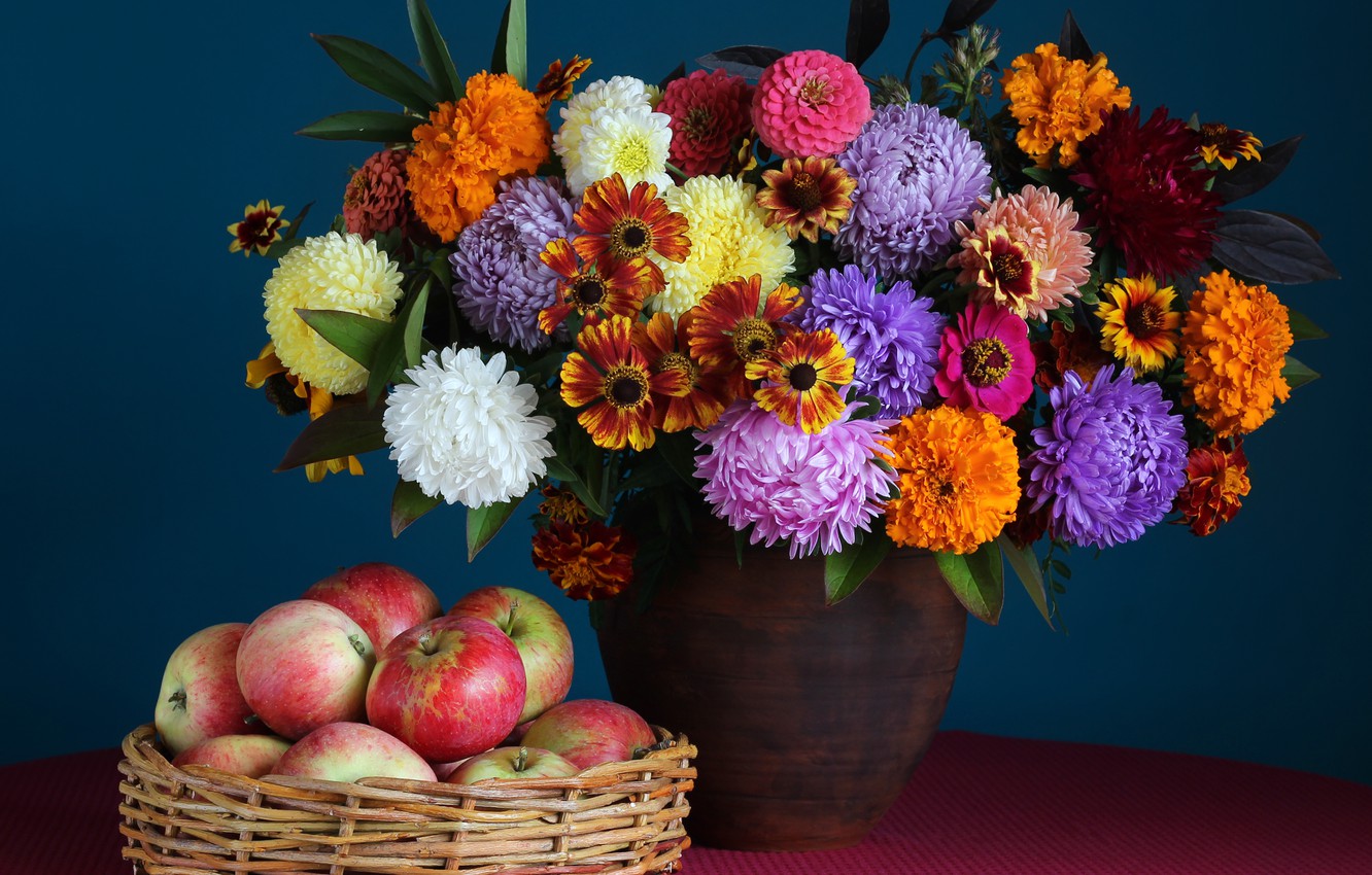 Wallpaper autumn, flowers, apples, bouquet, colorful, fruit, still life, flowers, autumn, fruit, still life, bouquet image for desktop, section цветы