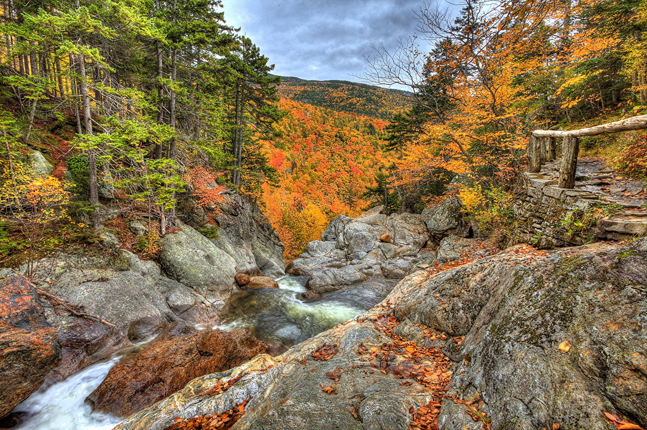 Desktop Wallpaper USA Glen Ellis Falls HDR Autumn Nature forest