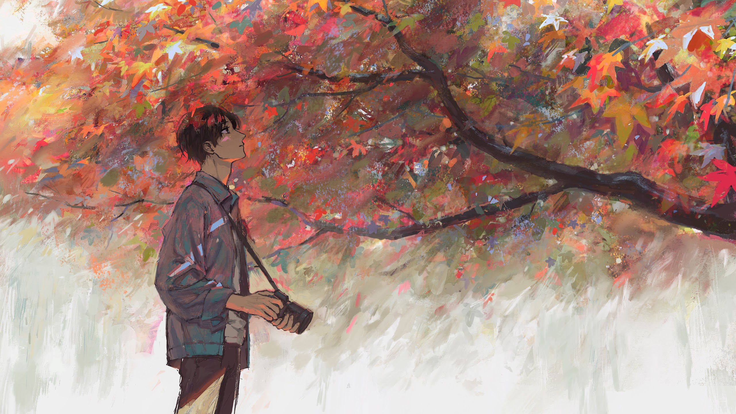 Anime Guy Photographer Maple Tree Autumn 8K Wallpaper