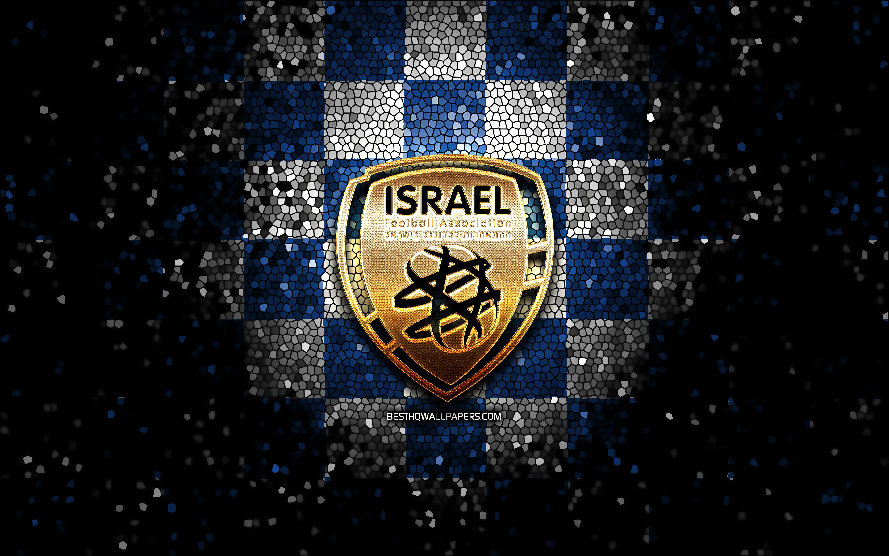 Download wallpaper Israeli football team, glitter logo, UEFA, Europe, blue white checkered background, mosaic art, soccer, Israel National Football Team, IFA logo, football, Israel for desktop with resolution 2880x1800. High Quality HD