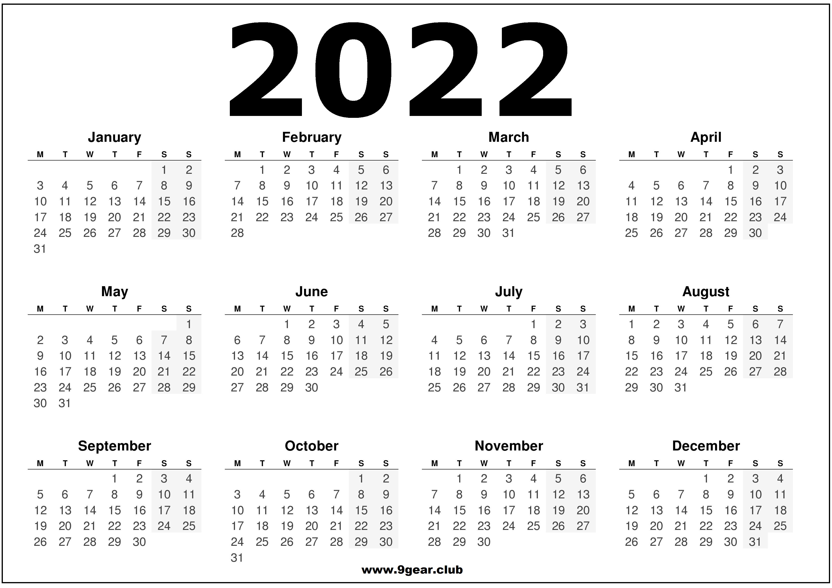 UK 2022 Calendar Printable Black and White Calendars 2022