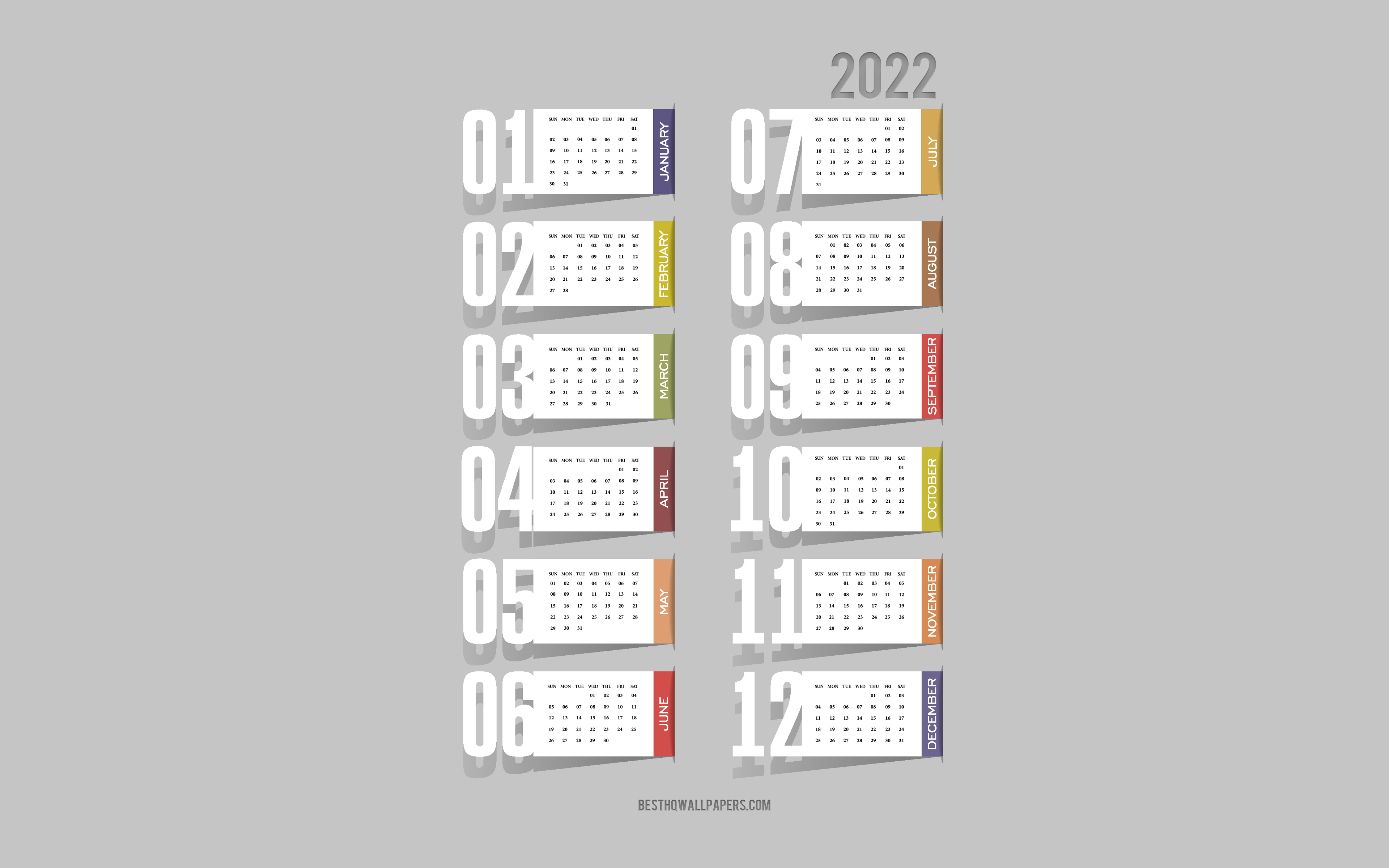 Download wallpaper 2022 Year Calendar, 4k, paper elements, 2022 Calendar, paper art, 2022 all months calendar, gray background for desktop with resolution 3840x2400. High Quality HD picture wallpaper