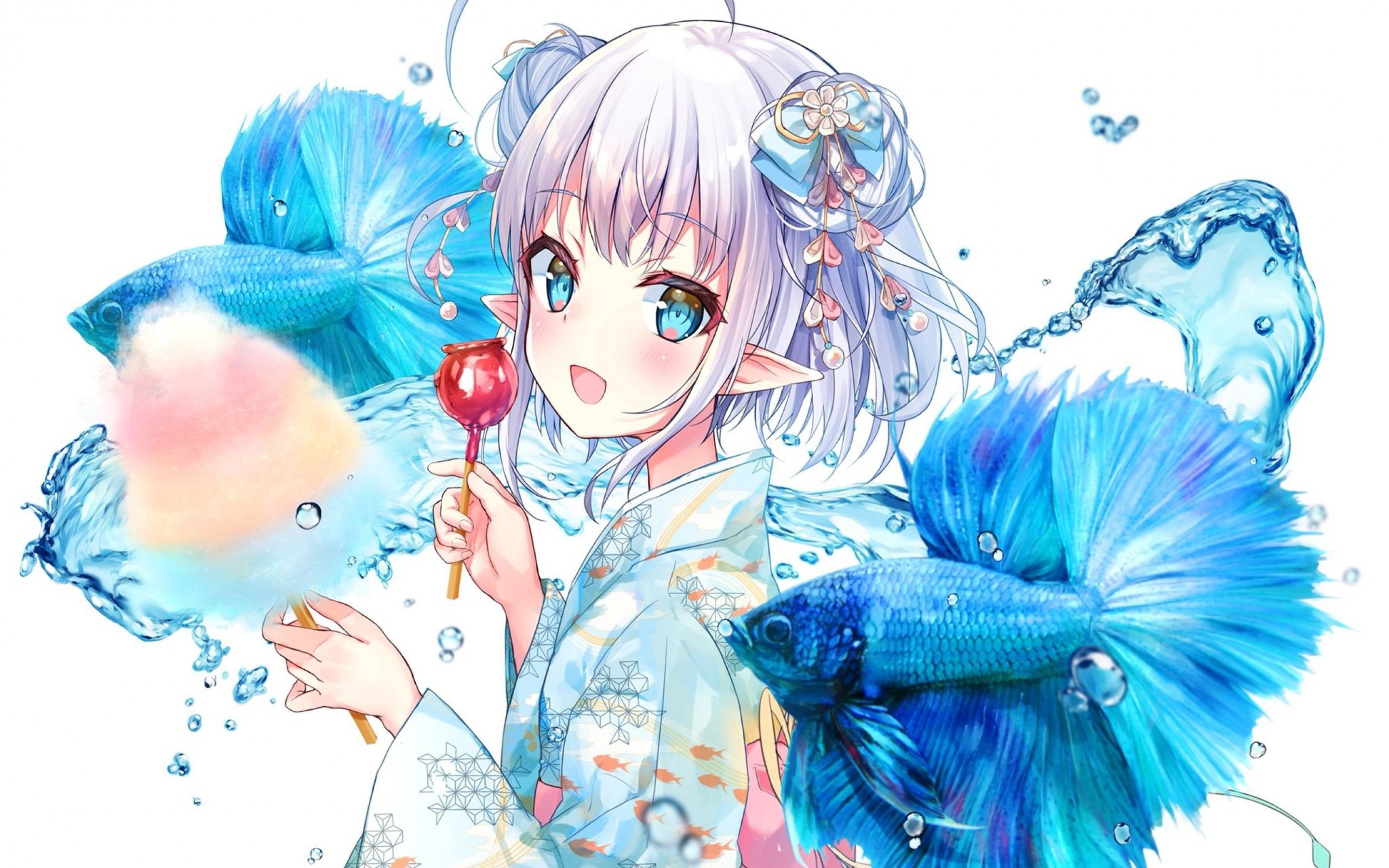 Download 2880x1800 Anime Girl, Elf Ears, Yukata, Pointy Ears, Smiling, Apple Candy Wallpaper for MacBook Pro 15 inch