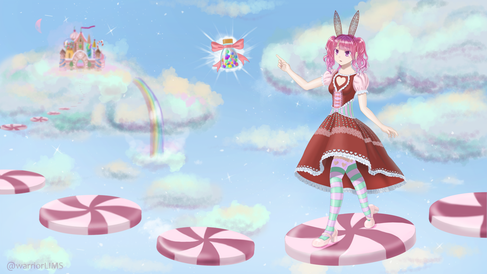 Wallpaper, anime, ART, bunny girl, candy, cute, heaven, kawaii, loli, lolita fashion, pink, rainbow, sky, sweet 3840x2160