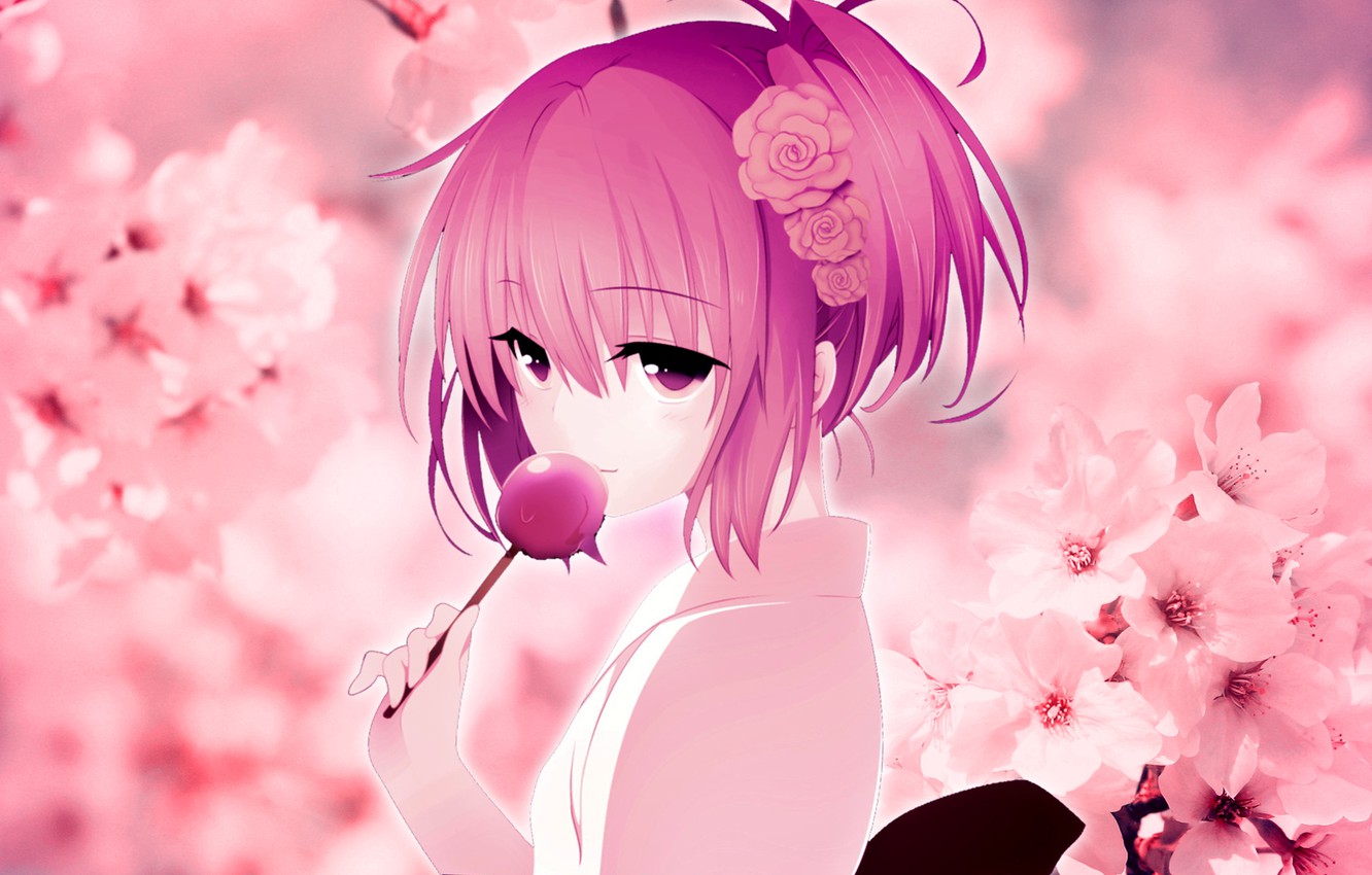 Wallpaper girls, Sakura, kimono, pink hair, cherry blossoms, Wallpaper anime, candy on the Desk image for desktop, section сёдзё