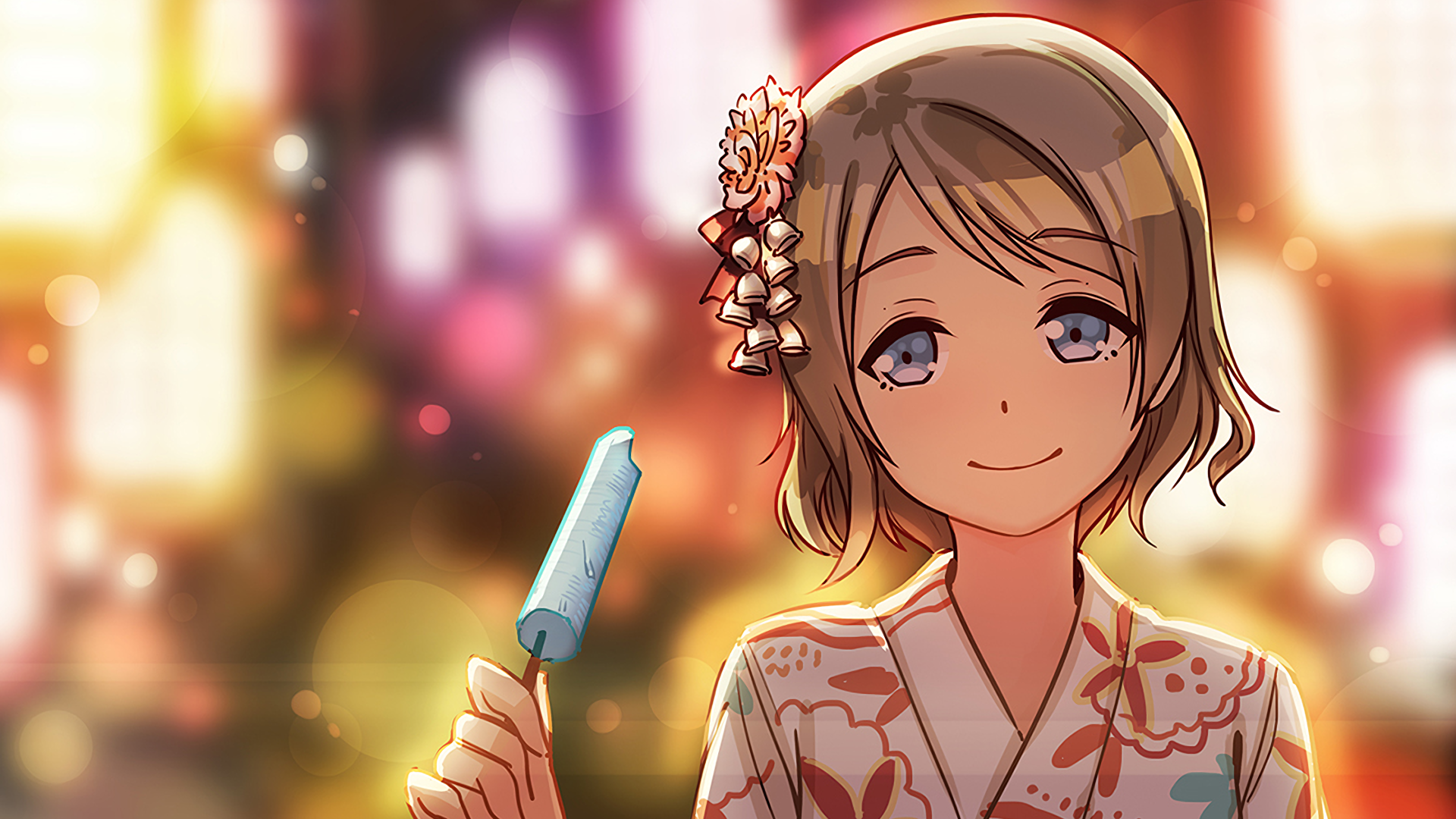 Desktop Wallpaper Watanabe You, Anime Girl, Cute Anime, Eating Candy, HD Image, Picture, Background, Gkn0du