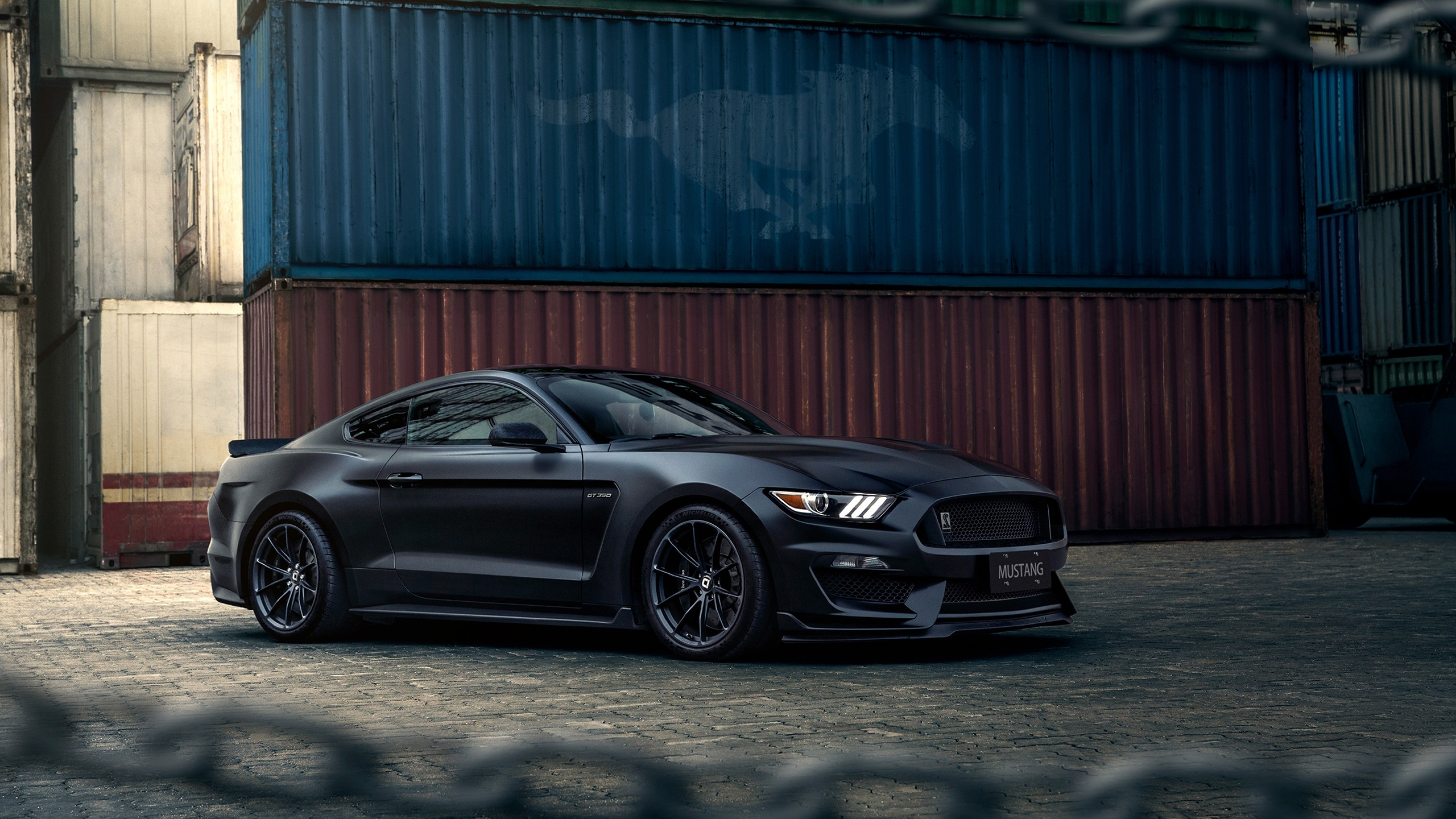 Download 3840x2160 Ford Mustang, Black, Side View, Containers, Muscle Cars Wallpaper for UHD TV