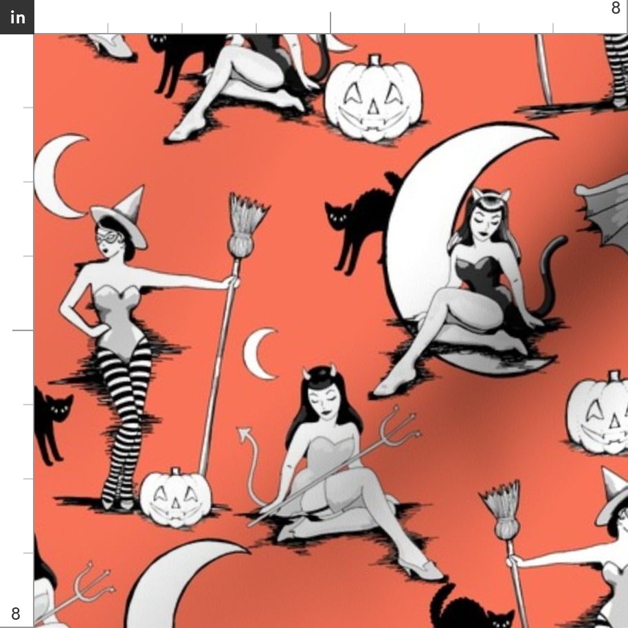 Pinup Vintage Halloween Pinups In Pumpkin Fabric Printed