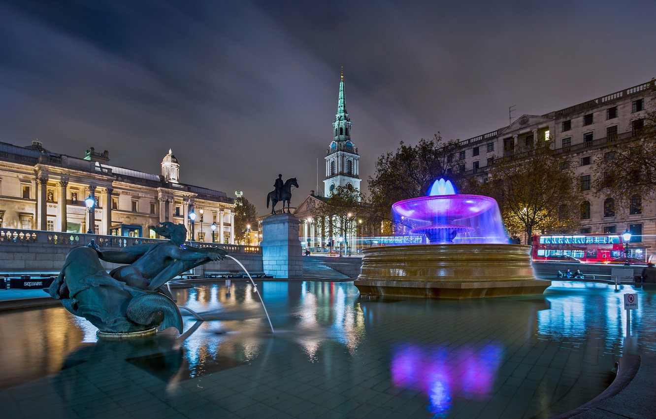 Wallpaper night, lights, England, London, fountain, Trafalgar square image for desktop, section город