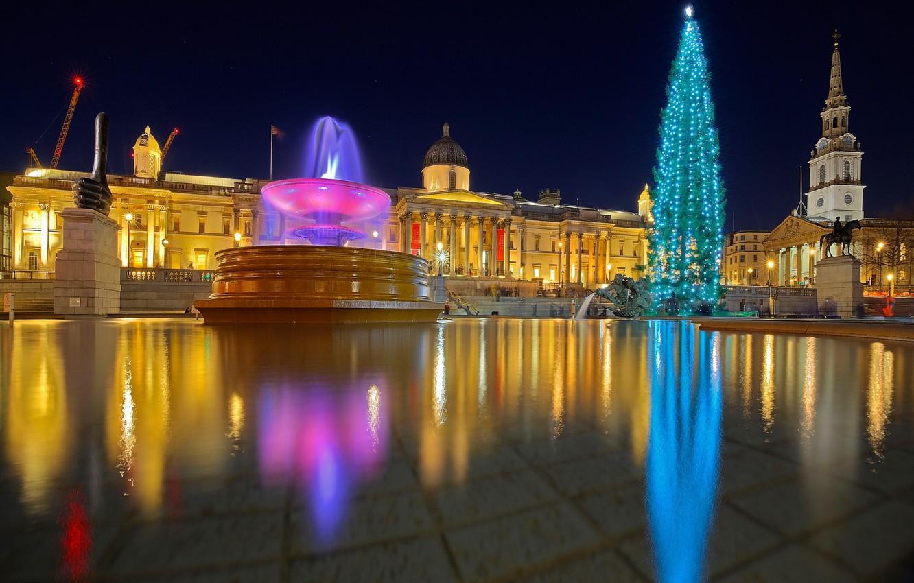 Wallpaper lights, holiday, England, London, tree, Christmas, fountain, Trafalgar square image for desktop, section город