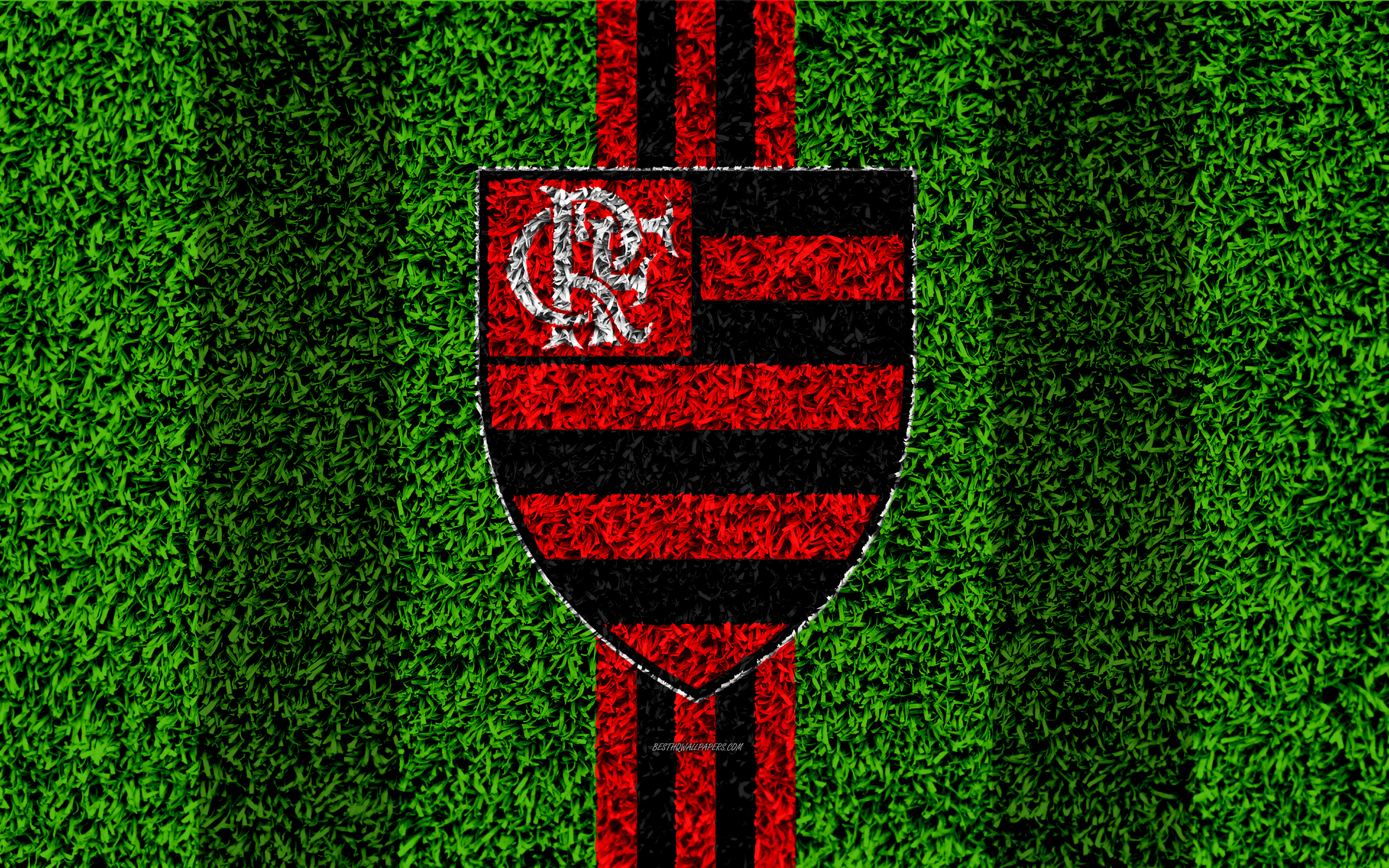 Download wallpaper Flamengo RJ FC, Clube de Regatas do Flamengo, 4k, football lawn, logo, Brazilian football club, emblem, red black lines, Serie A, Rio de Janeiro, Brazil, Campeonato Brasileiro, Brazilian Championship A
