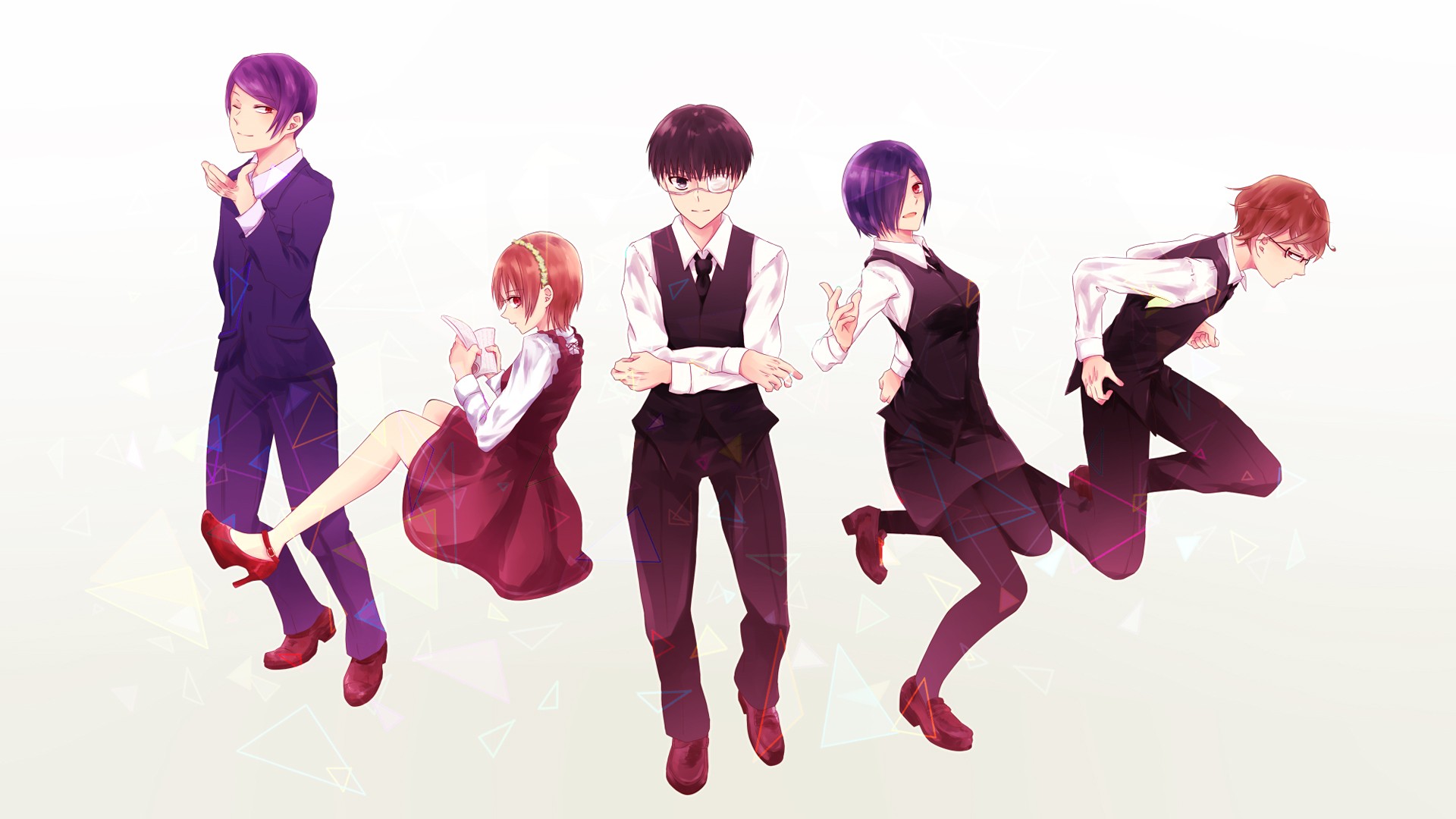 Wallpaper, illustration, Kaneki Ken, Tokyo Ghoul, Kirishima Touka, Tsukiyama Shuu, Fueguchi Hinami, Nishio Nishiki, ballroom dance 1920x1080