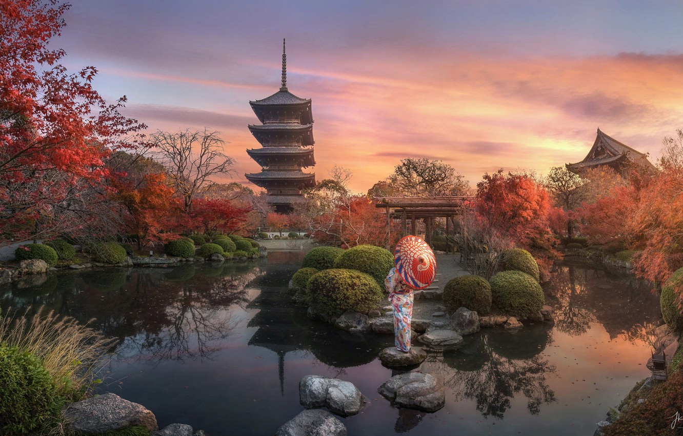 Wallpaper autumn, landscape, sunset, nature, pond, stones, woman, Japanese, the evening, Japan, garden, pagoda, Kyoto image for desktop, section пейзажи