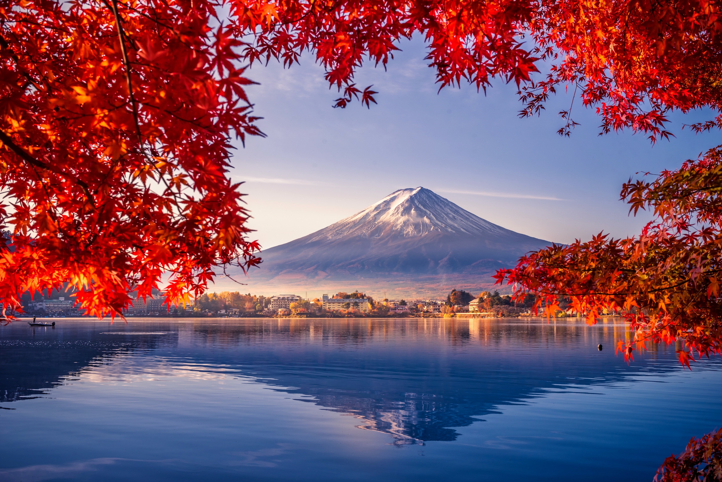 fall, colorful, red, autumn, japan, view, beautiful, fuji, lake, mountain, tree, leaves, season, branches, reflection