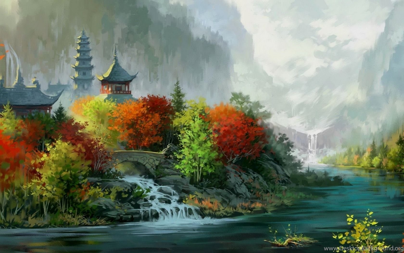 Fantasy Art Painting Asian Oriental Trees Autumn Fall Rivers. Desktop Background