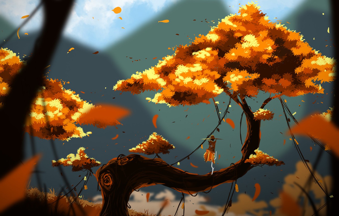 Photo Wallpaper Tree, Figure, Autumn, Fantasy, Landscape, Wallpaper Fantasy Art