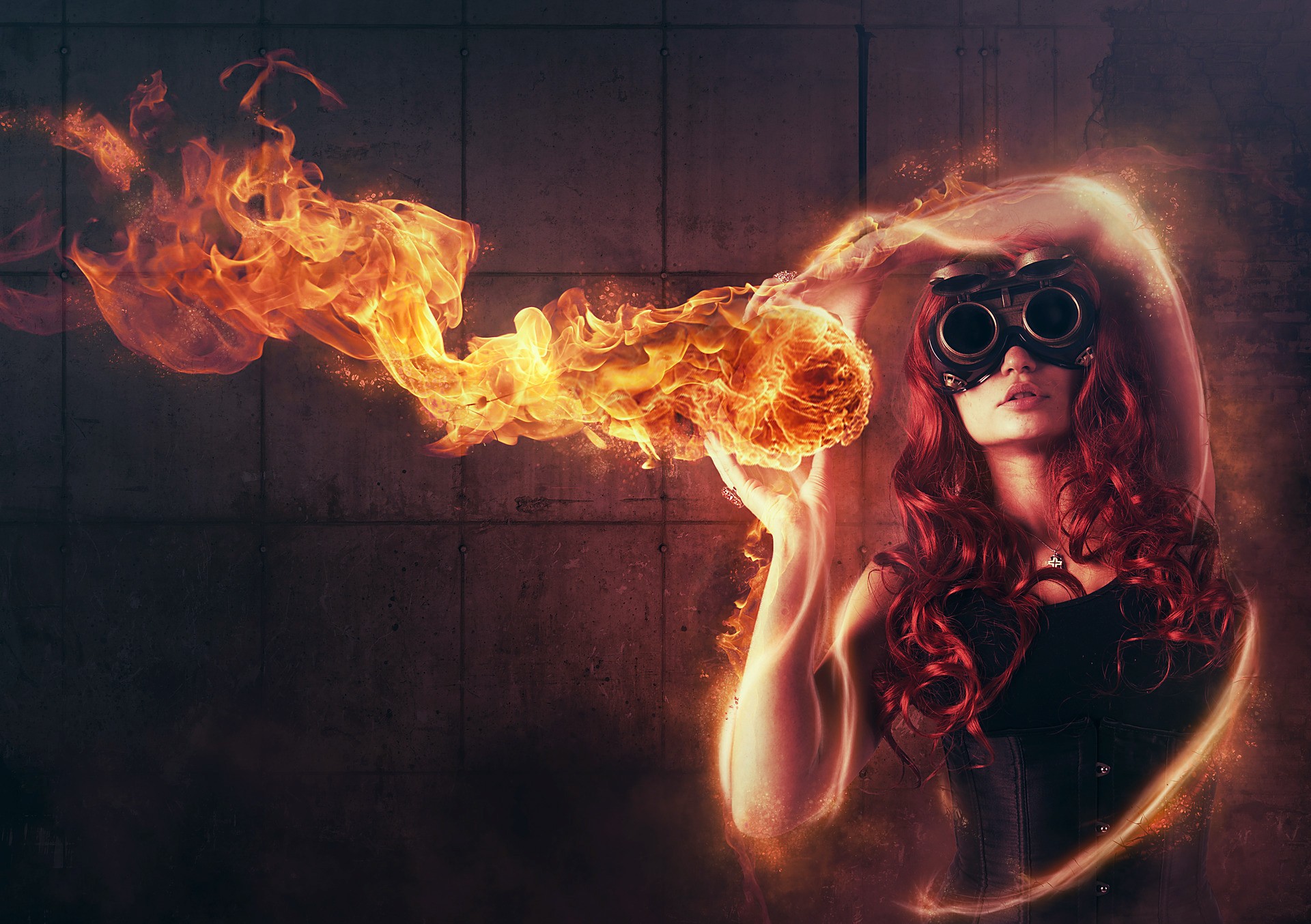 Wallpaper, digital art, women, redhead, necklace, goggles, fire, corset, flame, darkness, screenshot, computer wallpaper, font, special effects 1920x1354