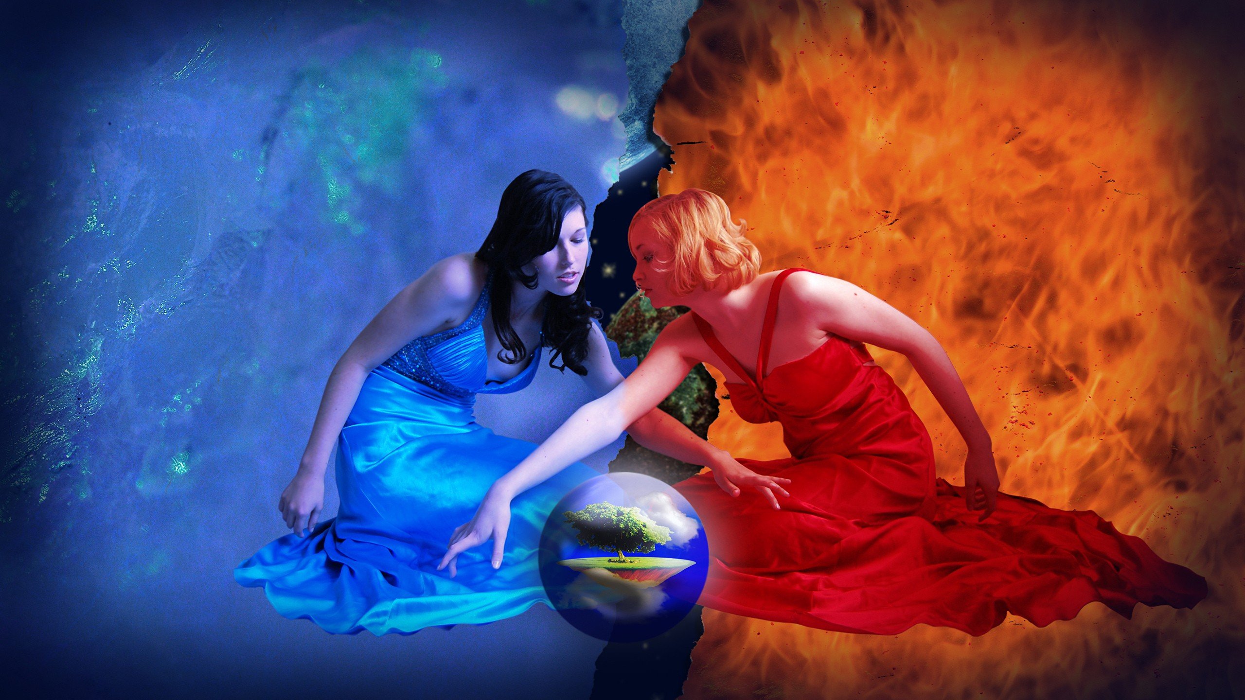 women witch water fire elements sphere world digital art wallpaper