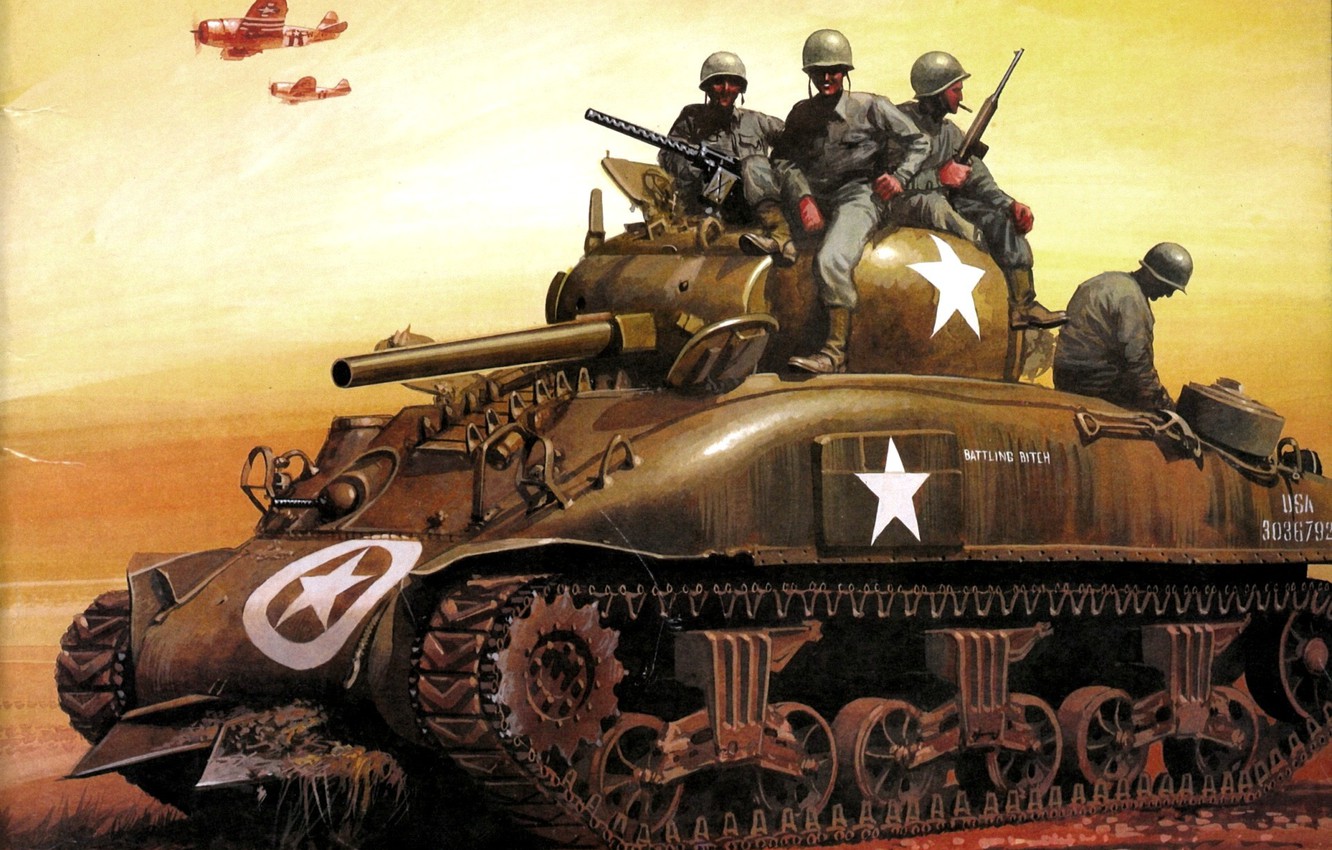 Wallpaper the sky, figure, art, tank, American, aircraft, infantry, Marines, average, WW2, M4"Sherman" image for desktop, section оружие