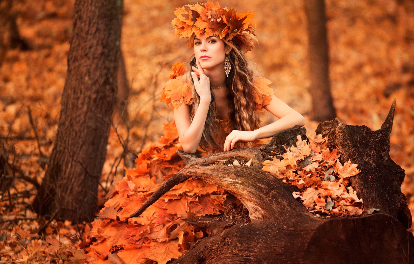 Wallpaper forest, leaves, girl, wreath, autumn style, sad time image for desktop, section стиль