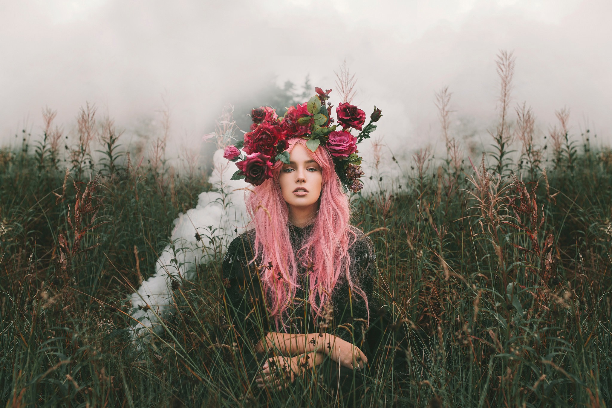 Wallpaper, women outdoors, model, grass, winter, dress, pink hair, wreaths, spring, tree, autumn, flower, plant, beauty, season, flora, habitat 2048x1365